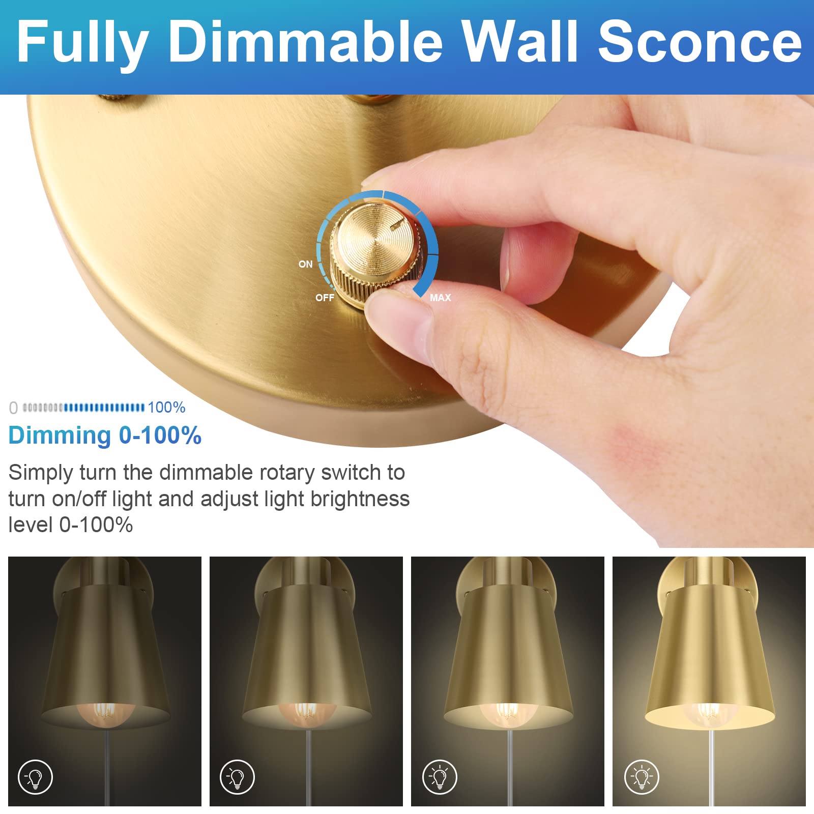 VATONI Dimmable Wall Sconce, Adjustable Angle, Brass, 1 Pack, Gold, Model Stlamp-Grs-1P