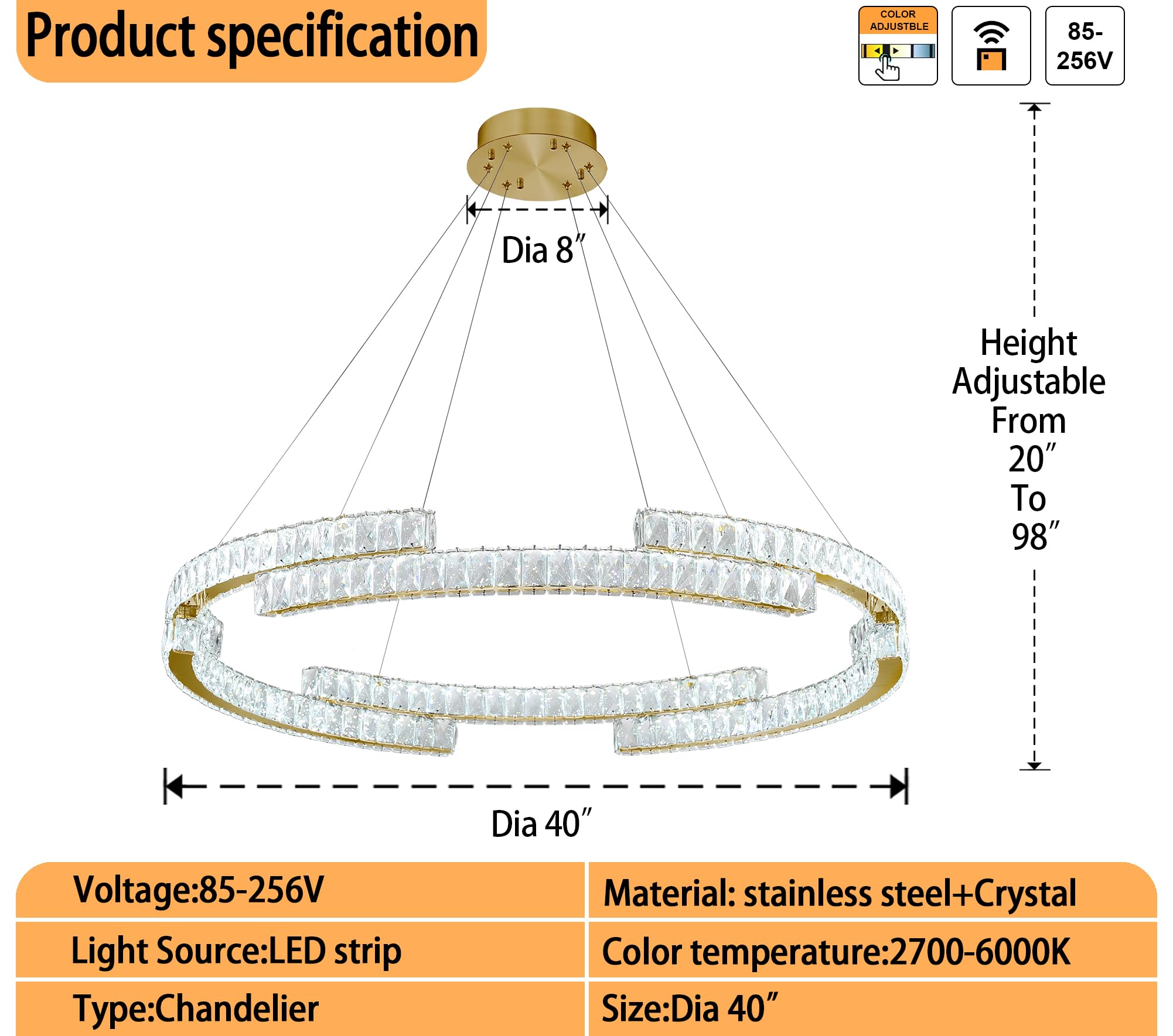 IDEQUY 40in Gold Crystal Ring Chandelier, Dimmable 3000K-6000K, Stainless Steel, Model CF8014-100J