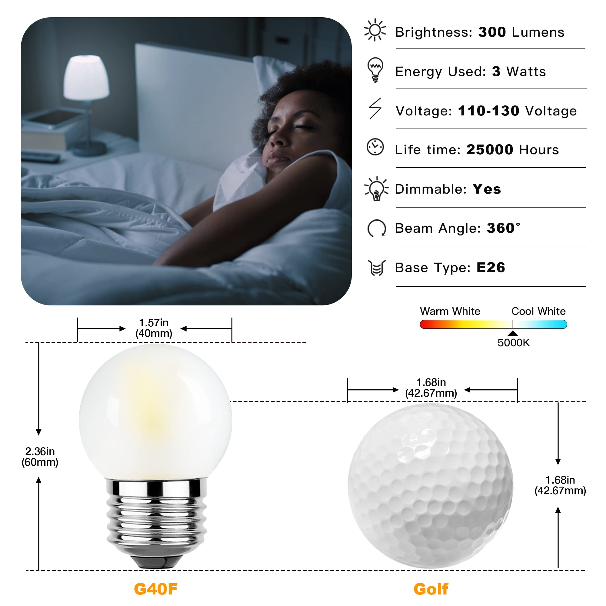 Sphoon Dimmable 3W Led Bulb Equivalent 25 Watt Light Bulbs, Daylight 5000K, E26 Medium Base, Frosted, 300 Lumens, G40 3 Watt Edi