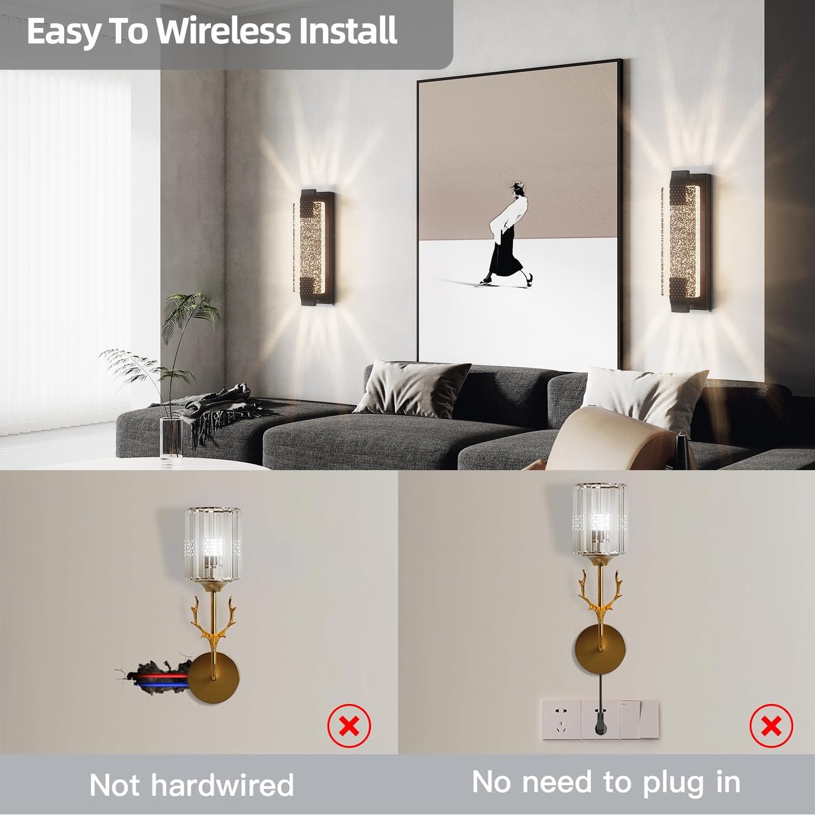 camuucci Battery Operated Wall Sconce Dimmable Remote Control 12000mAh Indoor Light 15.2 Inches Black Model SNCD