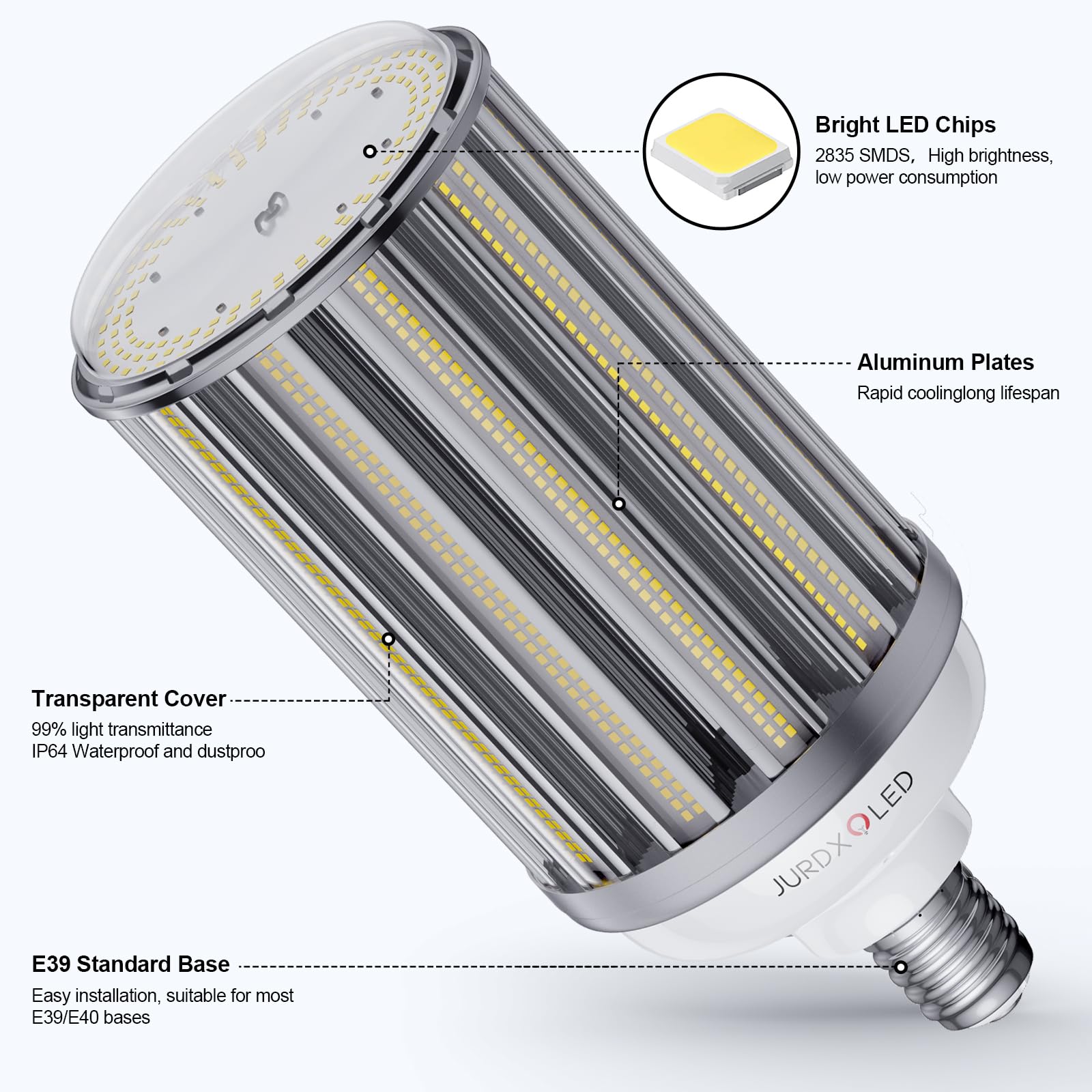 Jurdxled 1Pack Ip64 Waterproof Led Light Bulbs, 300-Watt Replacement Corn Bulb, E39 Base With E40 Adapter,39000Lm Led Light Bulb