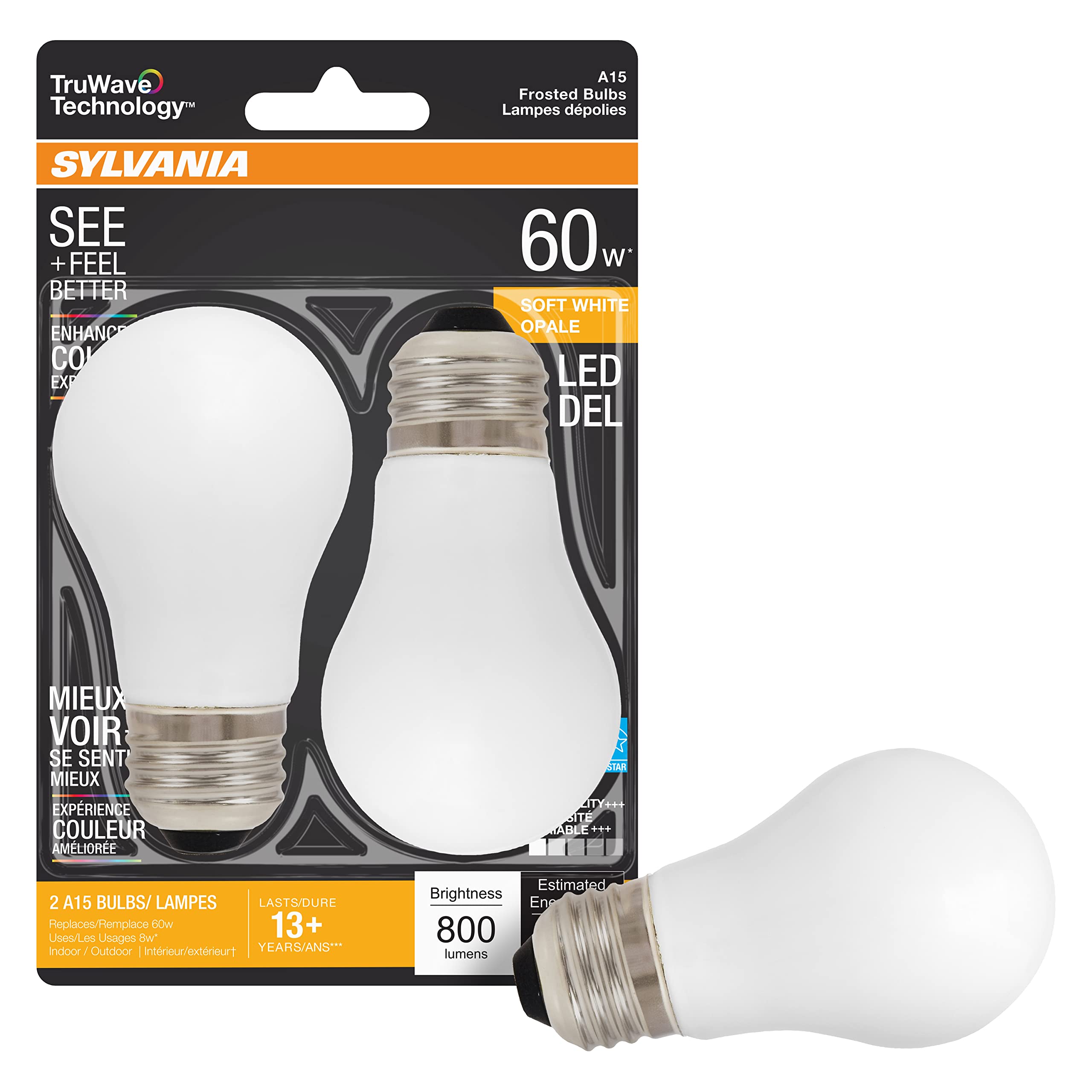 LEDVANCE SYLVANIA LED Ceiling Fan Bulb, 60W A15, Dimmable, Frosted, Soft White, 2 Count, Model 40763