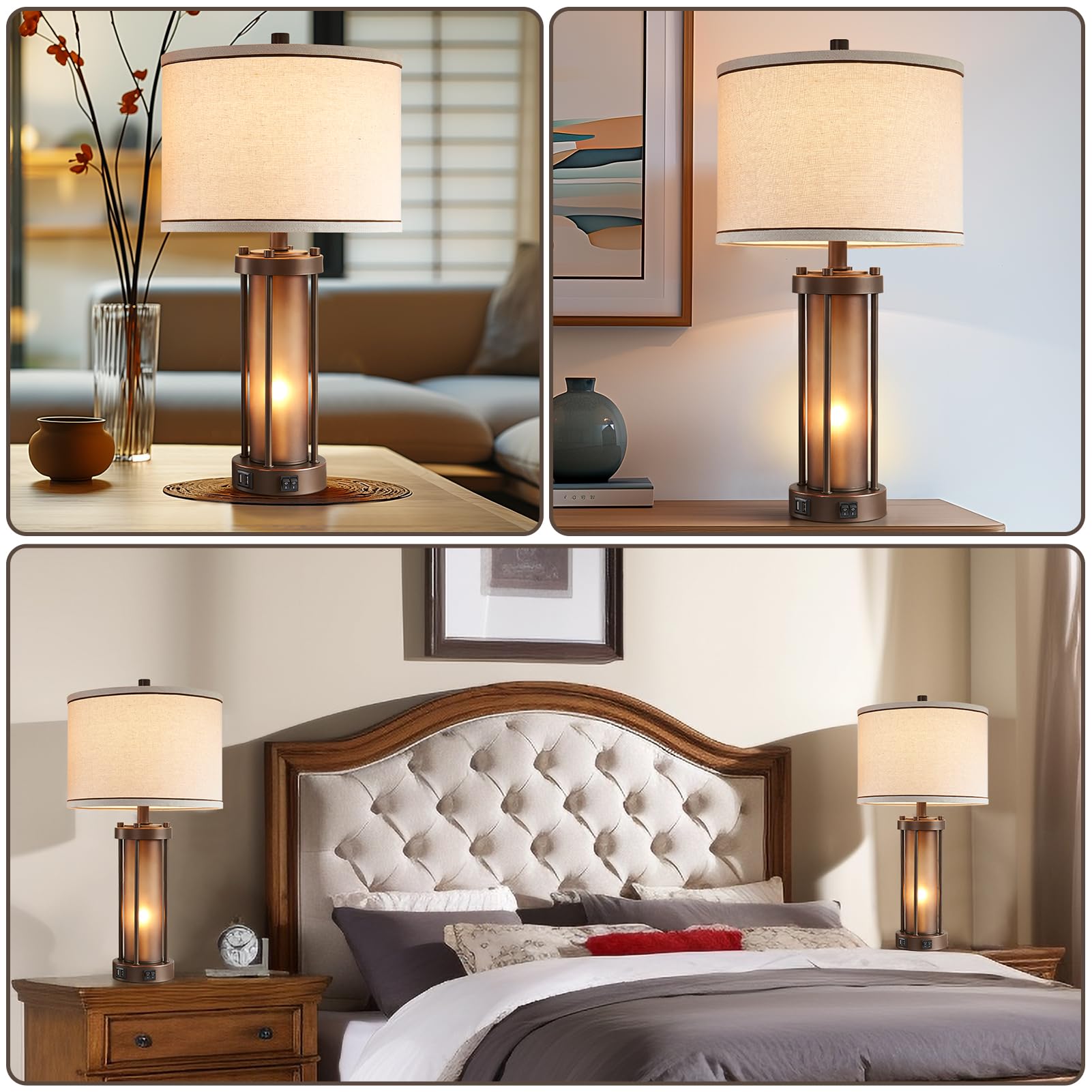 RORIA Set of 2 Farmhouse Table Lamps with USB Ports, Vintage Amber Glass, Brown, Model FBA-LM08895B, 4 Bulbs Included