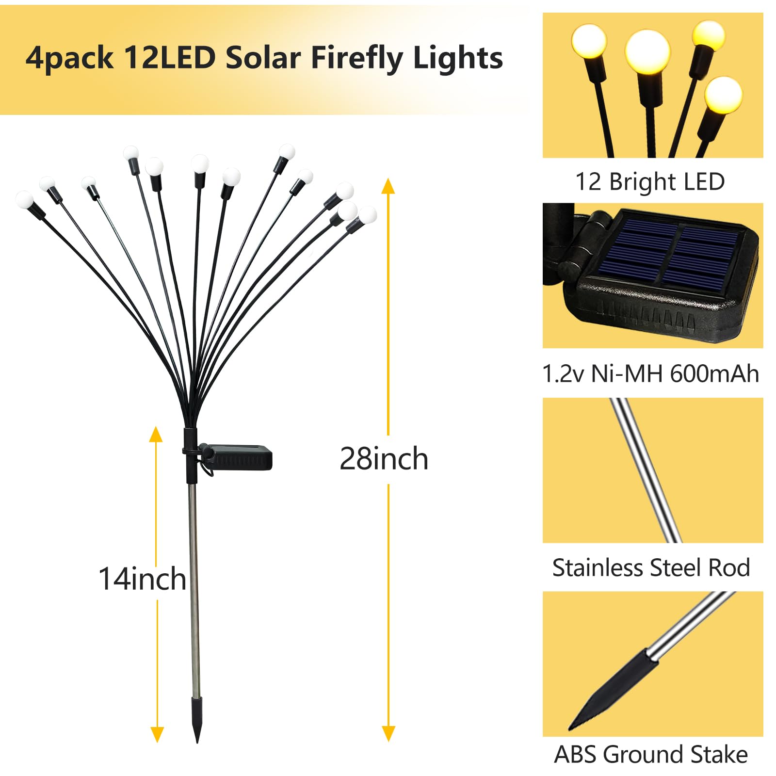 Kohlrabi Solar Garden Lights, 4 Pack 40 LED Waterproof Firefly Lights, Warm White, Swaying Light for Outdoor Decoration