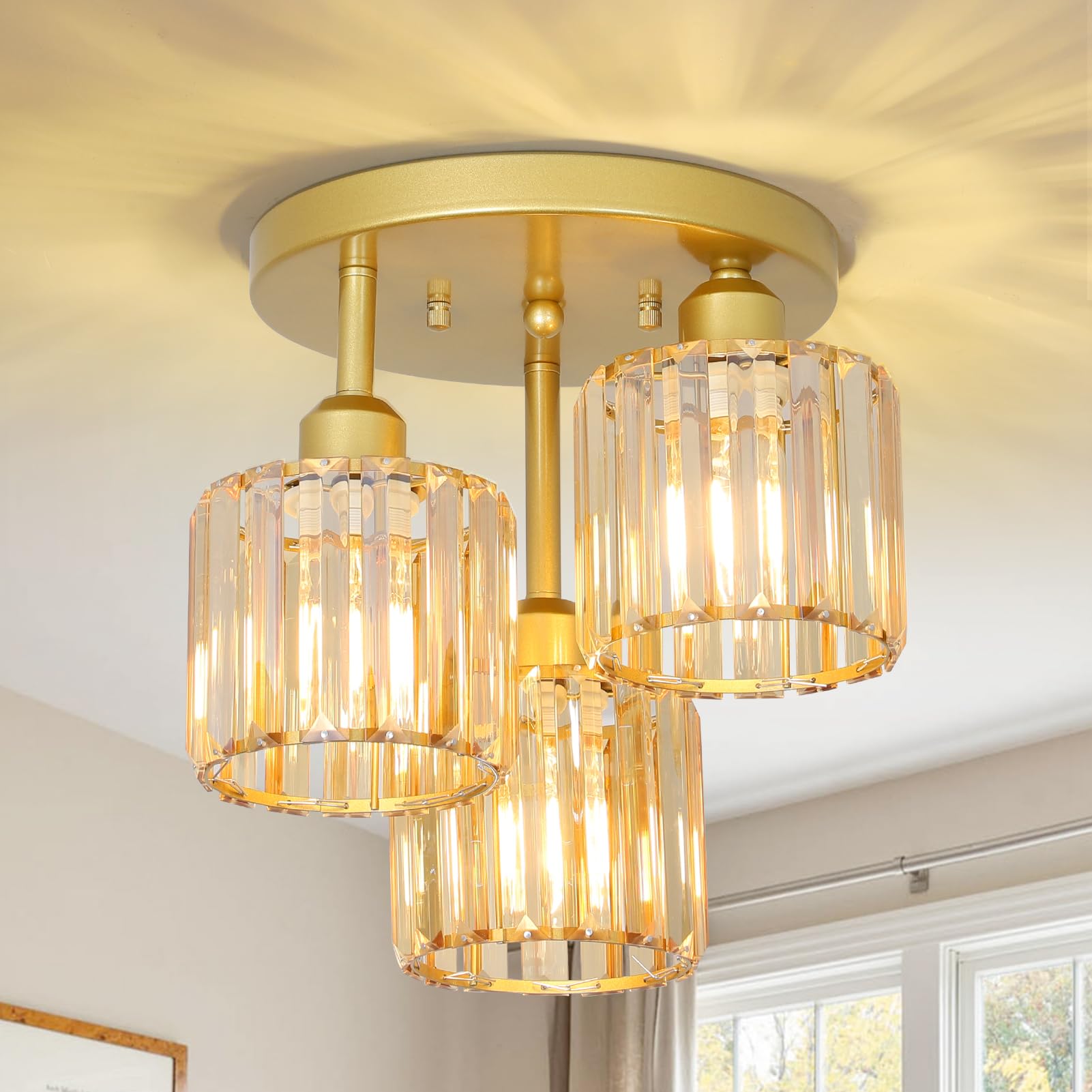 PAUFUL Semi Flush Mount Ceiling Light, 3-Light Crystal Fixture, Amber Glass Shades, Model 250617B1