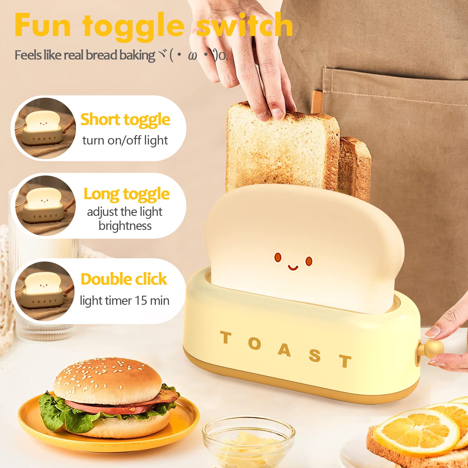 Qanyi Small Table Lamp, Cute Toast Bread Led Bedroom Nightstand Light With Timer And Rechargeable, Cool Birthday Gift For Baby K