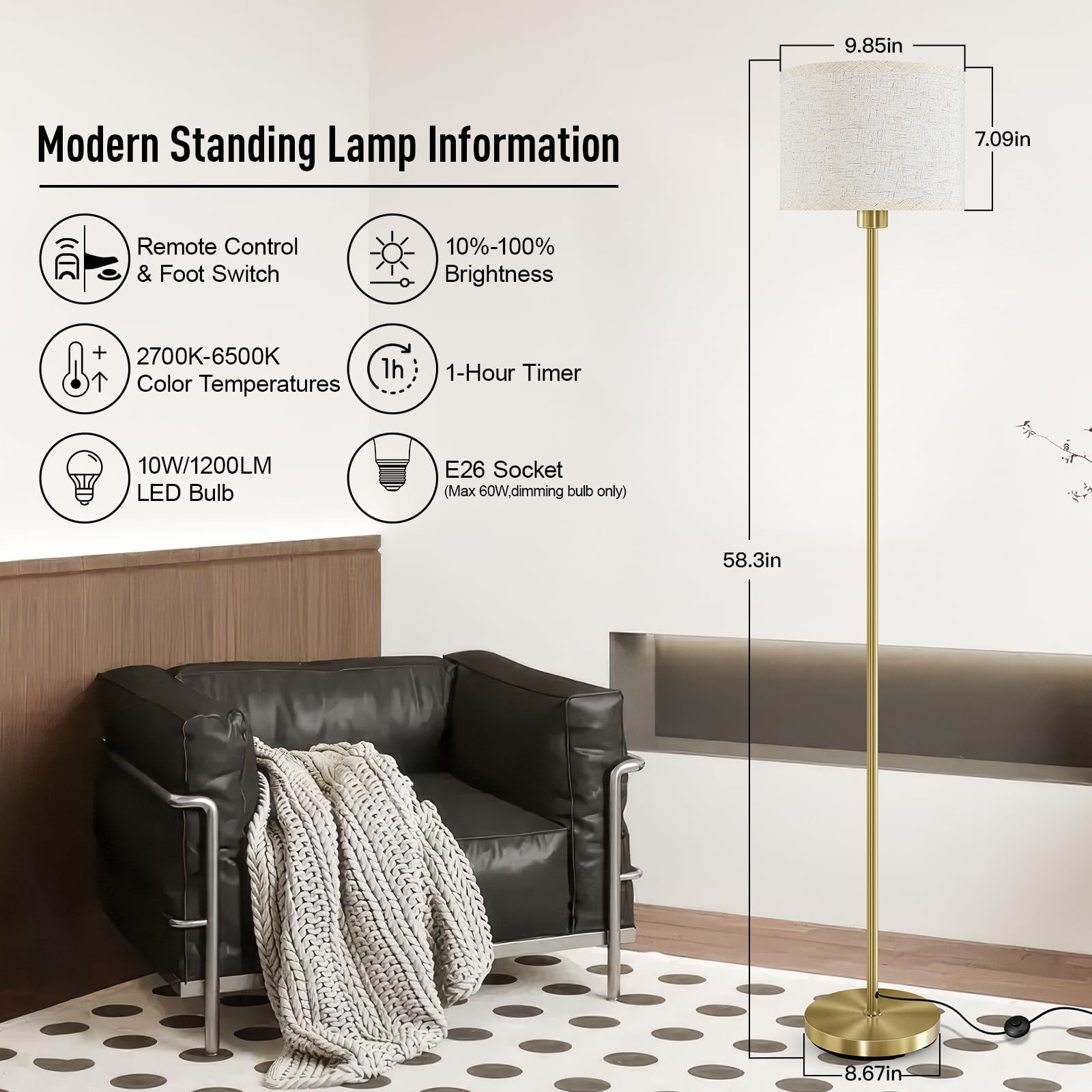 Bricosmocon Gold Floor Lamp, Stepless Dimmable, Remote Control, 2700K-6500K, 10W/1200LM, Modern Design for Living Room/Office