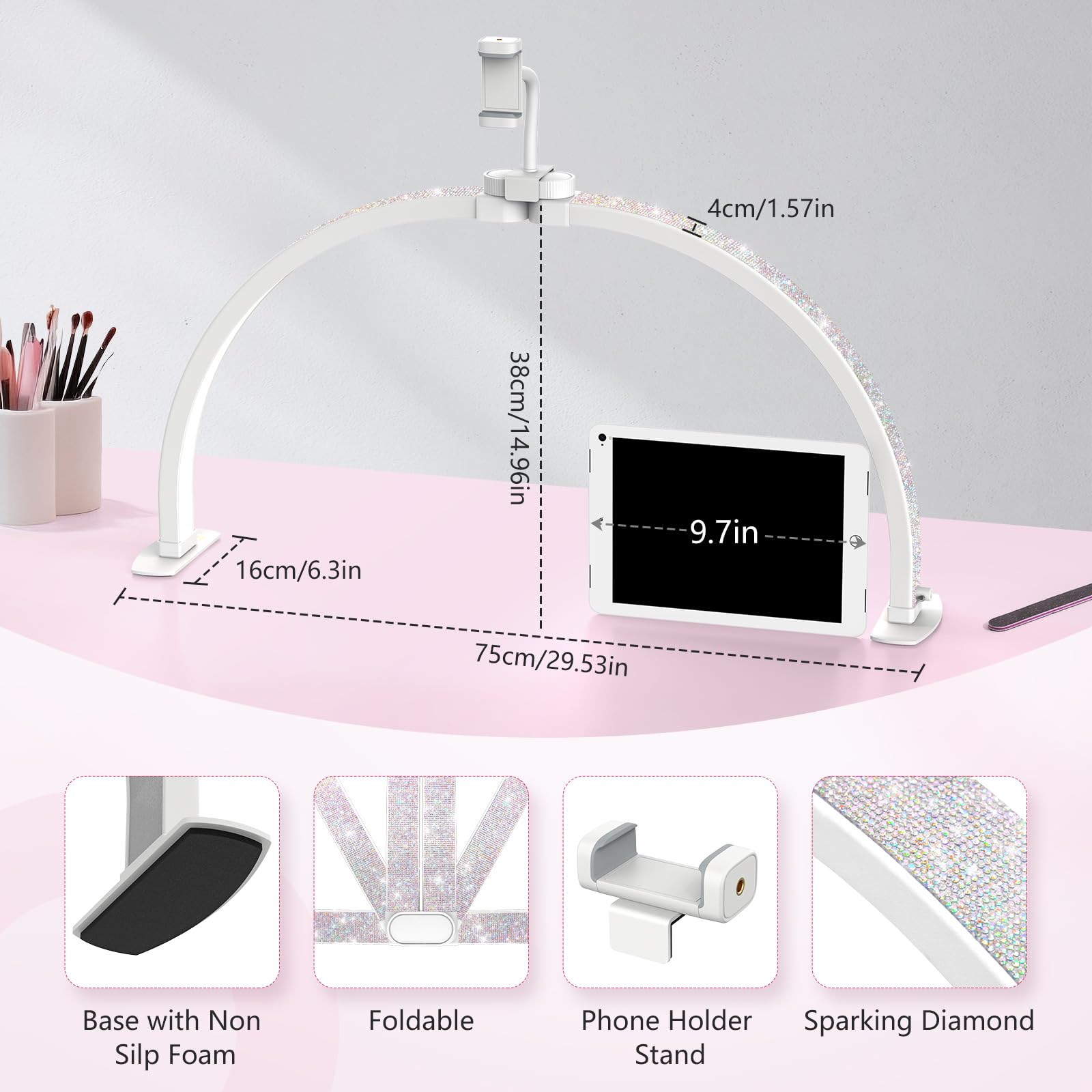 Yokilly Half Moon Desk Lamp with Phone Holder, 29in, Large, Crystal Diamond, 3 Color Modes, 10 Brightness Levels