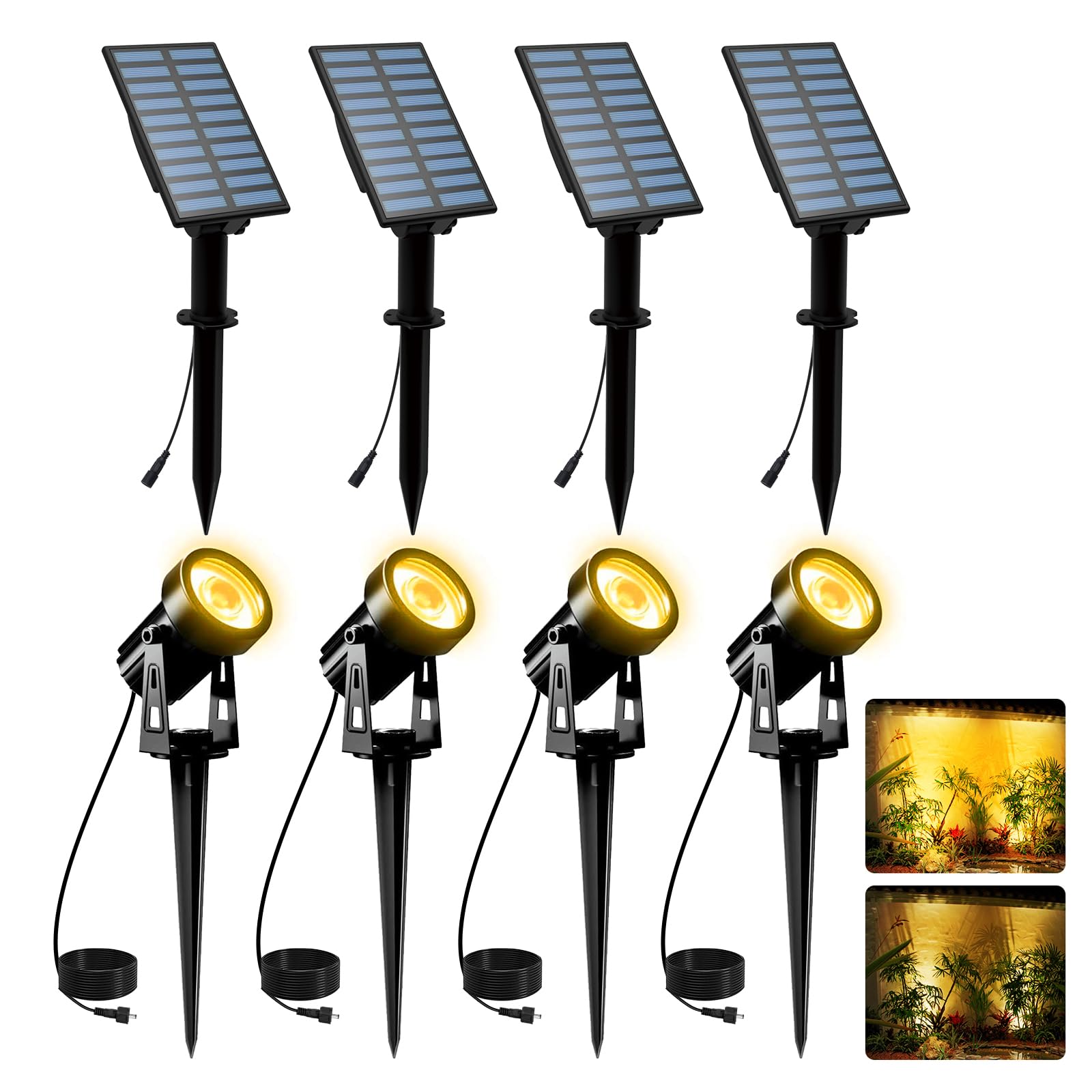 Solar Landscape Spotlights 4 Pack Warm White 3000K, T-SUNUS IP65 Waterproof Outdoor Solar Spot Lights for Yard 9.8ft Cable, Sepa