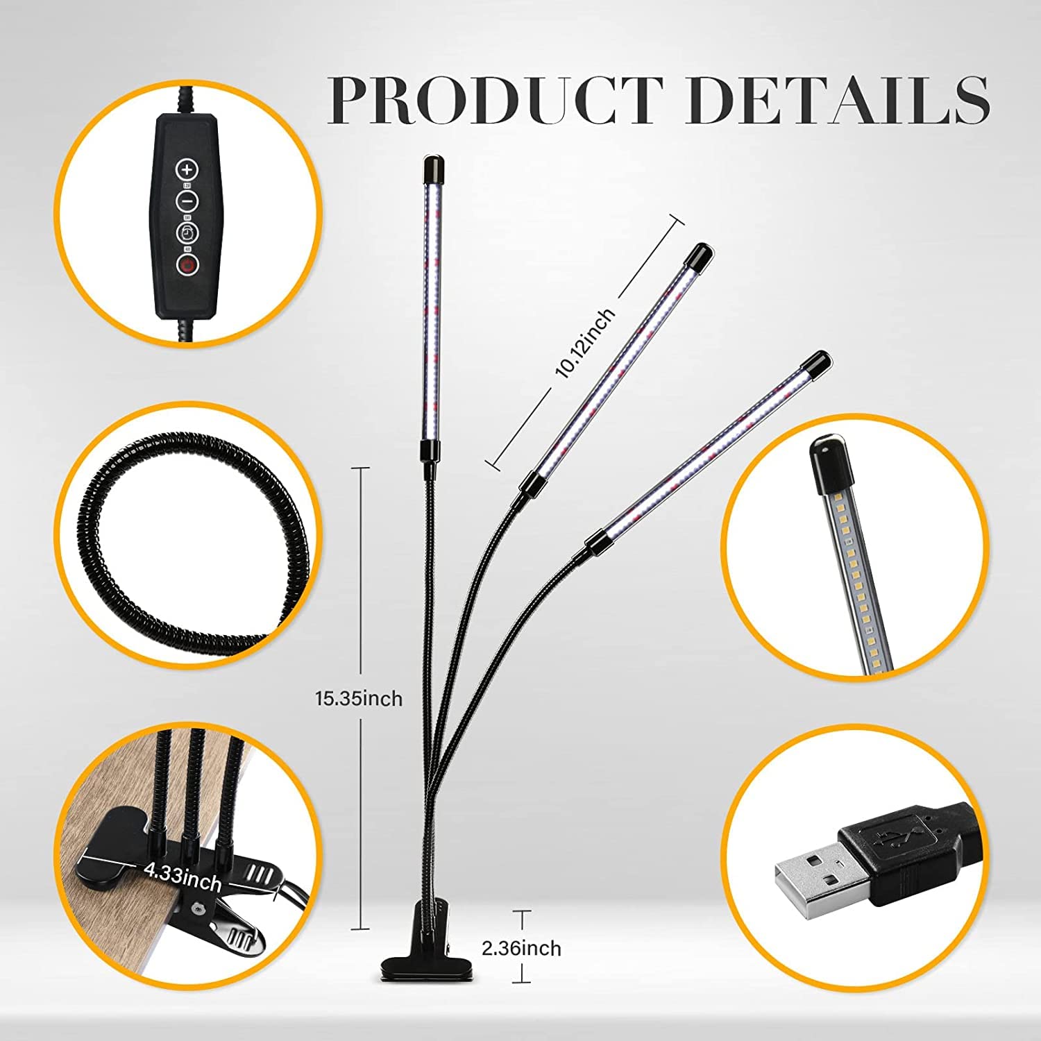 Ipower 6000K Led Grow Light - Full Spectrum Clip Lamp With 126 Leds, 5-Level Dimmable, Timer, 3 Tubes, White