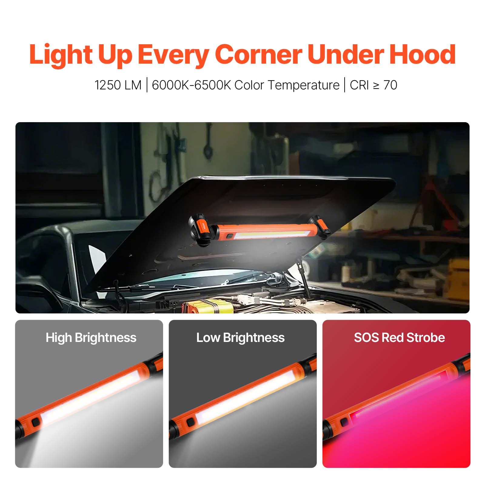 VEVOR JM-YP32 Underhood, 1250LM, 6000mAh Rechargeable Magnetic Bright LED, Portable Cordless Mechanic Work Bar, for Car Repairin