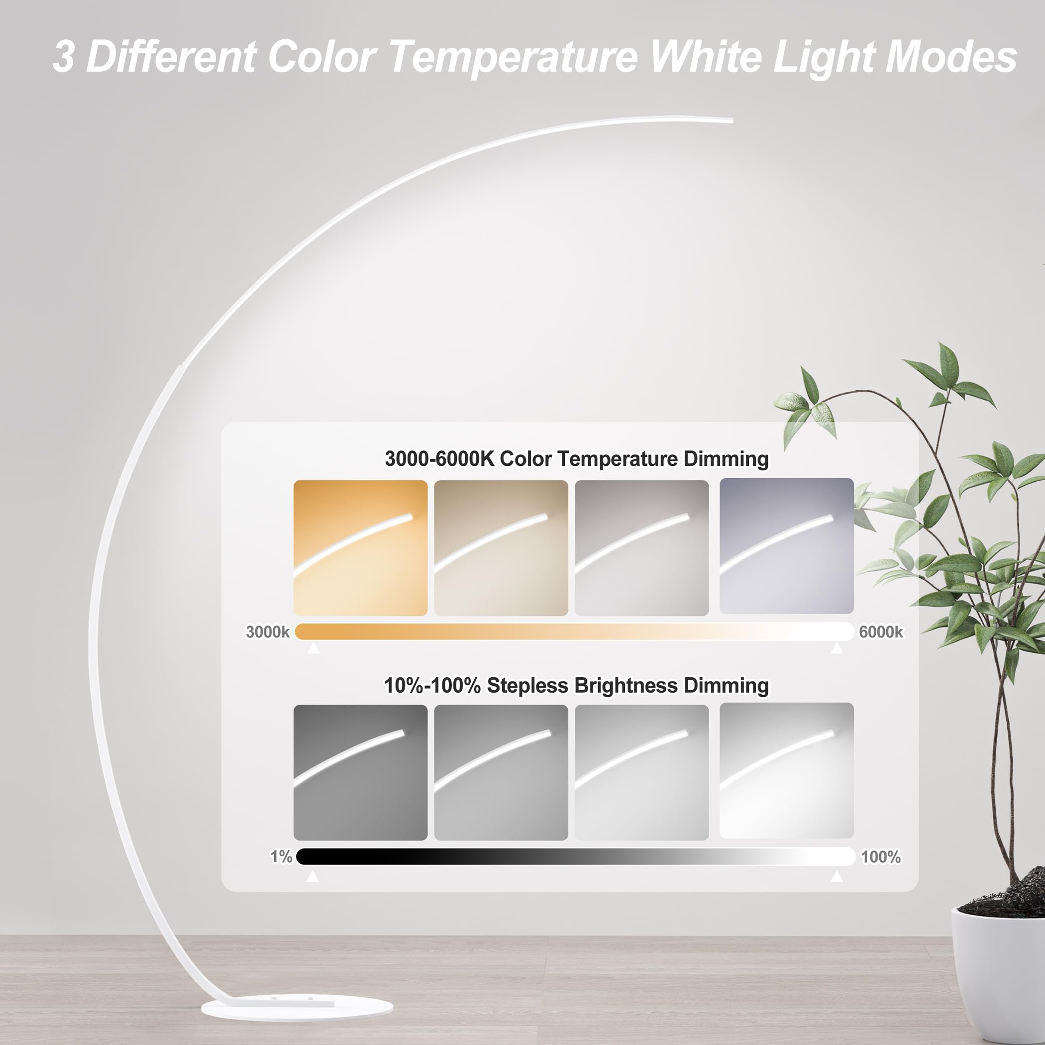 Adjustable White Light Modern 69.99 Inch Arched Standing Reading Floor Lamp With Remote - Dimmable White Led Curved Light For Be