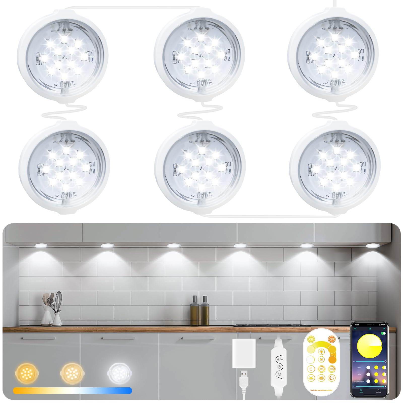 Daymeet Under Cabinet Lights Adjustable Brightness 3 Color Remote Control 9.8ft Polycarbonate Model XRCFDLY-1