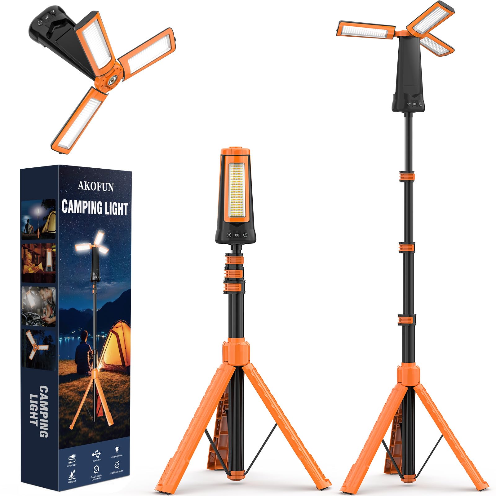 AKOFUN Rechargeable Camping Light with Stand, 15000 mAh Cordless Work Light with 3 LED Lamp Heads, 5500 Lumens Dimmable Camping