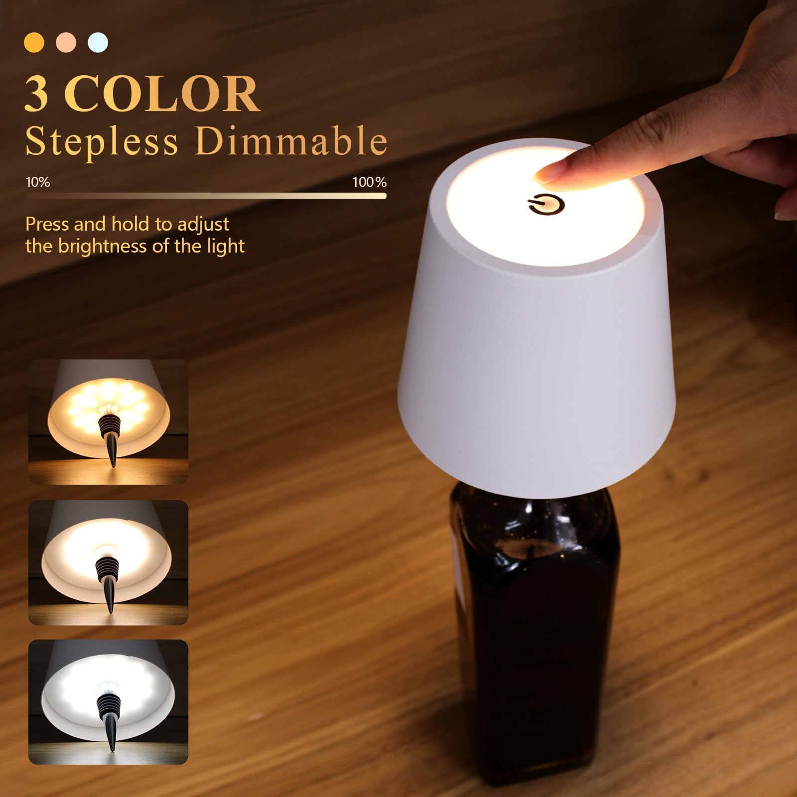 Mebaraul 2 Pack Wine Bottle Lamps, Rechargeable Wireless, Touch Dimming, White, Model JP001-RG01