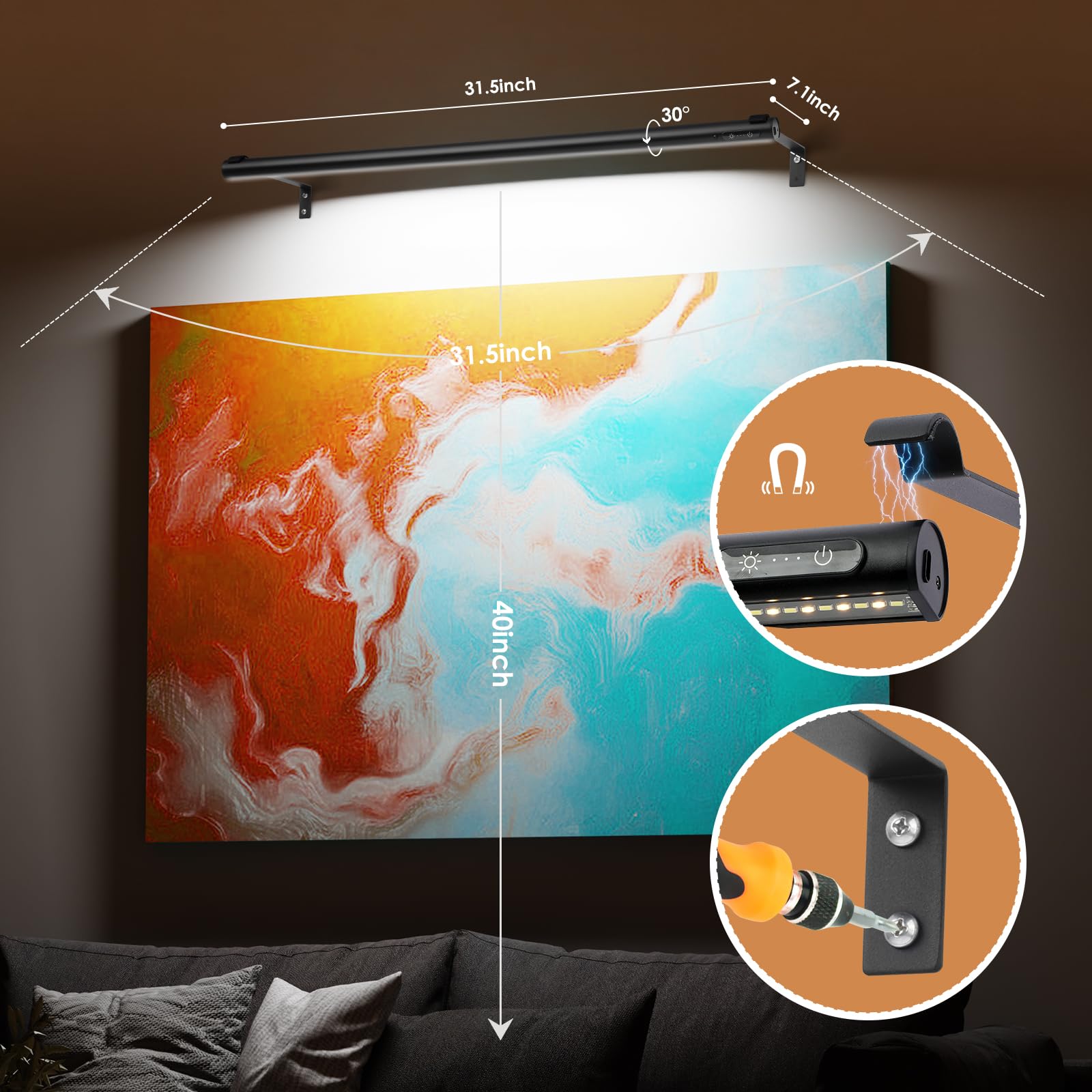 EAYOYAE Wireless Picture Light - 31.5" Black Art Display Light, Remote Control, Rechargeable/Plugged in, Aluminum, Model PC-80c