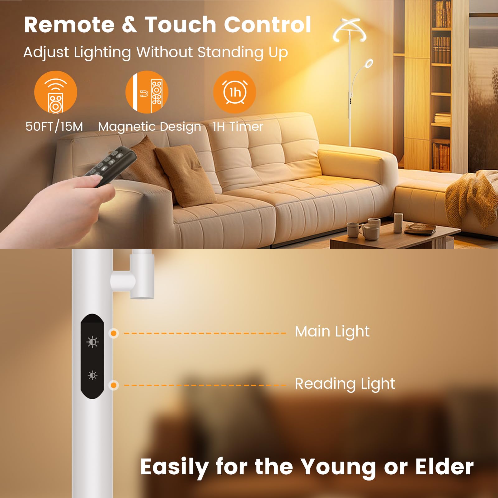 SIBRILLE White LED Floor Lamp - Dimmable, 68.89" Tall, Remote & Touch Control, Modern Design for Living Room & Bedroom, Model MF18813