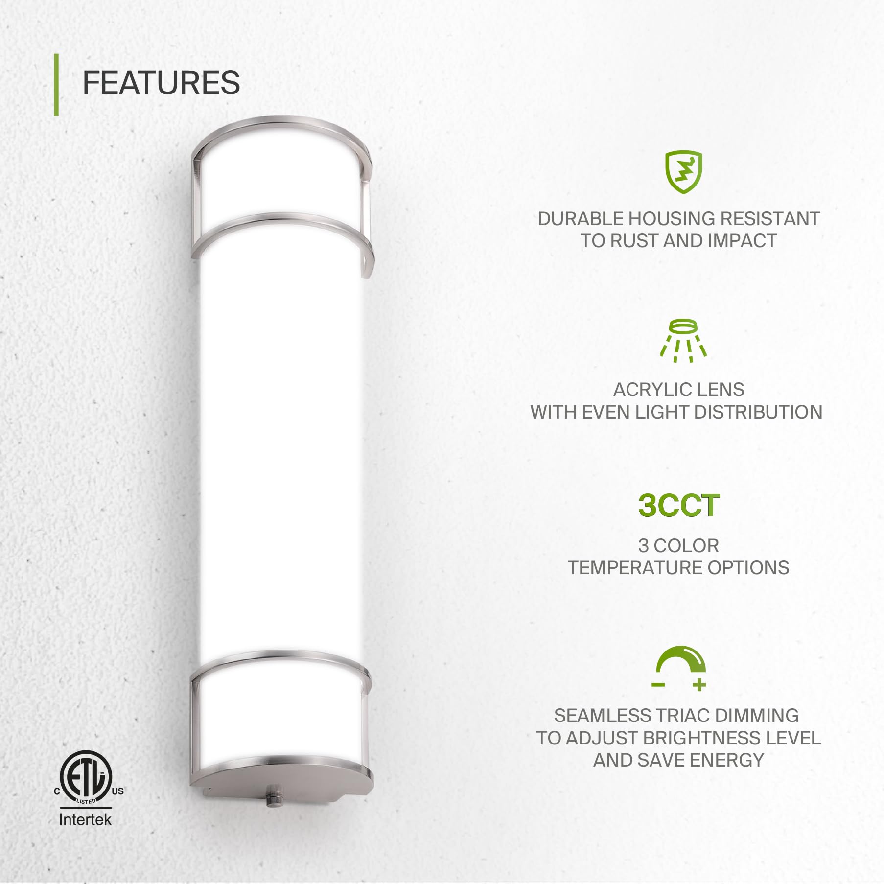 Asd Led 24 Inch Flush Mount Vanity Lighting Fixture | 25W 2600Lm 3000K-5000K 100-277V | 3Cct, Dimmable, Etl Listed | Bathroom Li