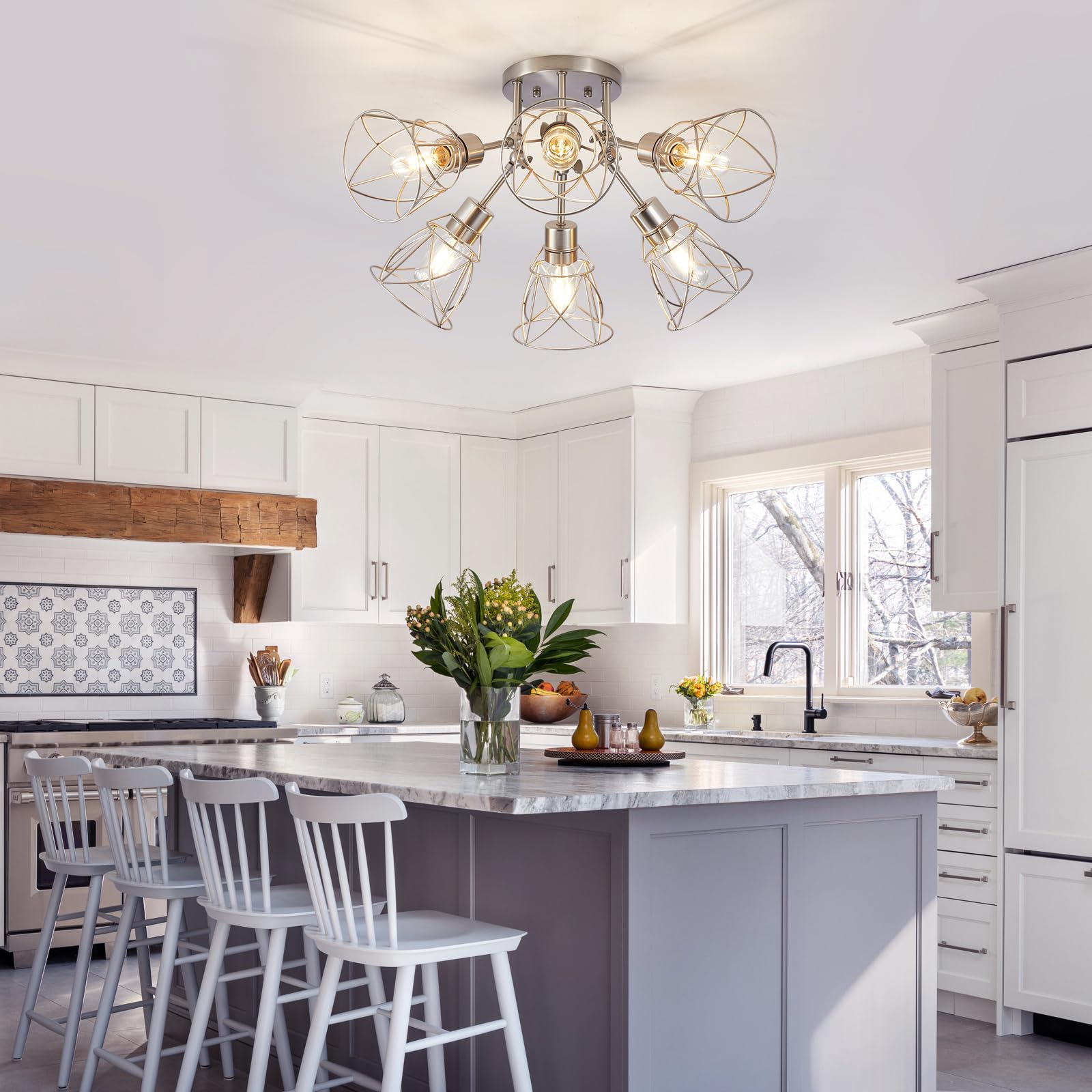 Hdasic 6-Light Farmhouse Flush Mount Ceiling Light Fixture, Industrial Large 6-Bulb Brushed Nikcel Kitchen Lighting Fixtures Cei