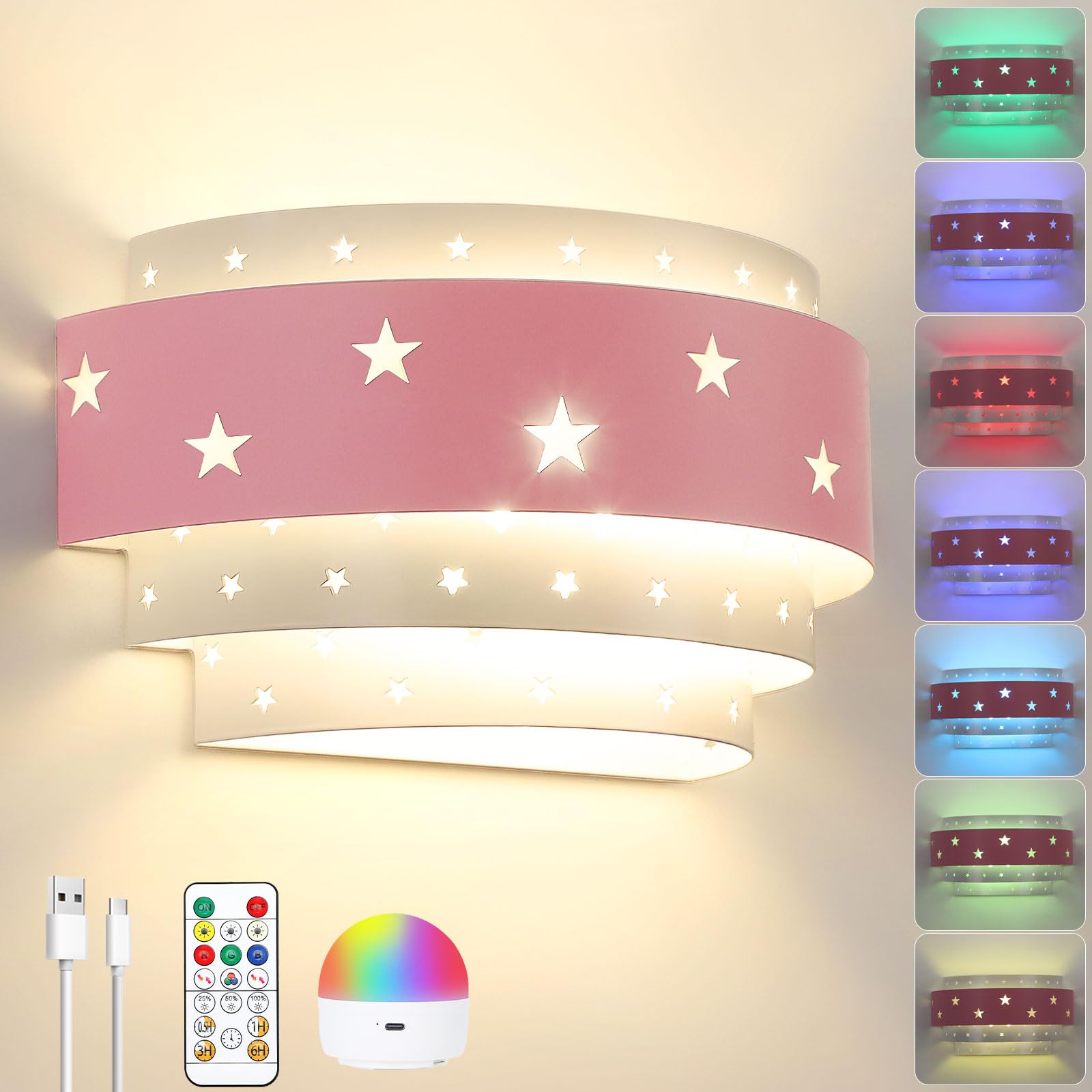 Lightess Pink Wall Sconce Battery Operated for Girls Room, LED Dimmable Wall Light Star, Cordless Wall Lamp for Children Bedroom