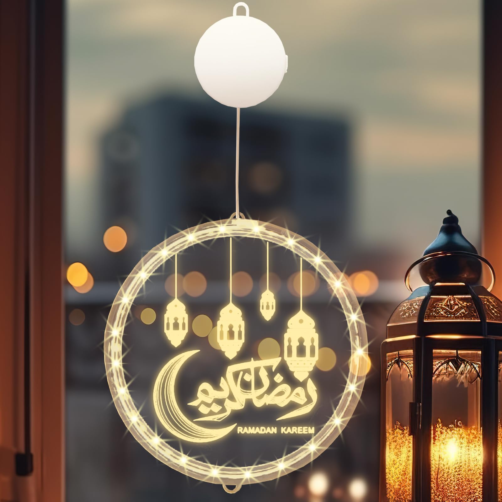 ALIBBON 3D Moon Lantern LED Lights for Ramadan & Eid, Acrylic, Style3, Model HL-EM-LL-240105-03, Battery Operated, Suction Cup