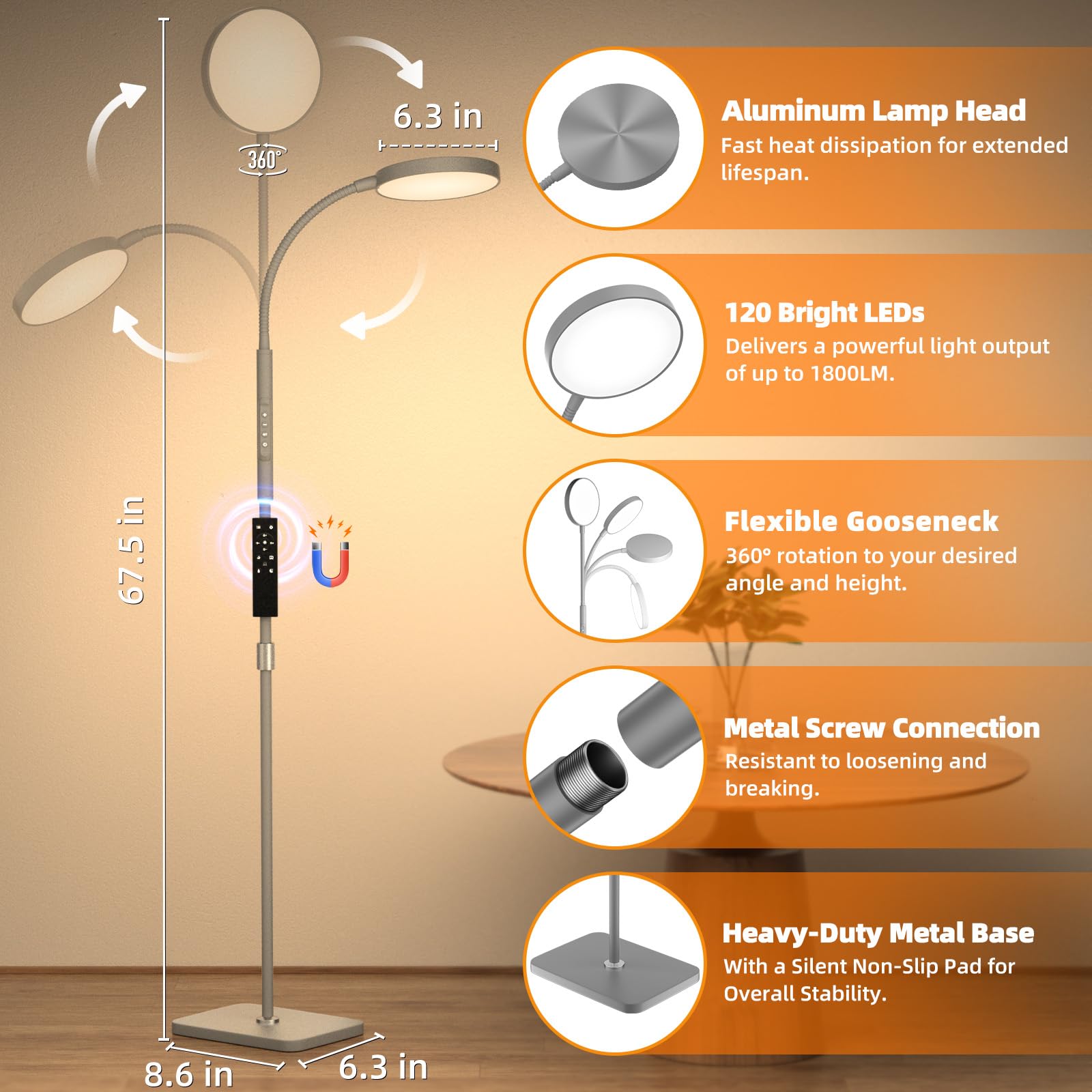 PACOVY Adjustable Height Floor Lamp, 120 LED Dimmable Gooseneck, 1 Pack, Matte Gray, Model ADJ-01