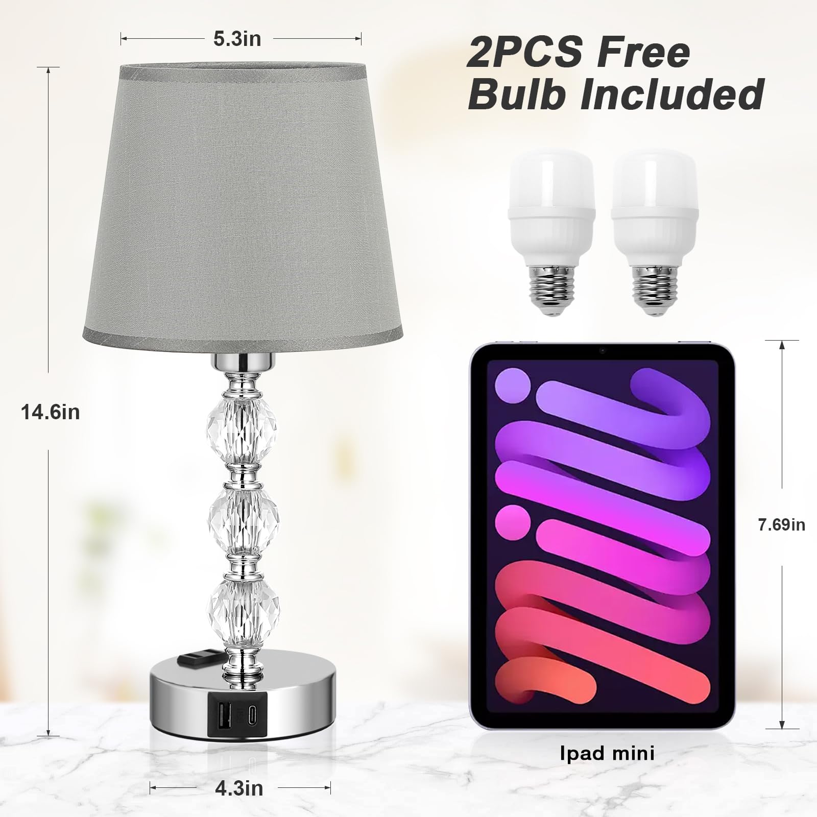 Acaxin Lamps For Bedrooms Set Of 2 Nightstand- Crystal Table Lamps With Usb C+A Ports & Ac Outlet For Charging, 3 Way Dimmable T