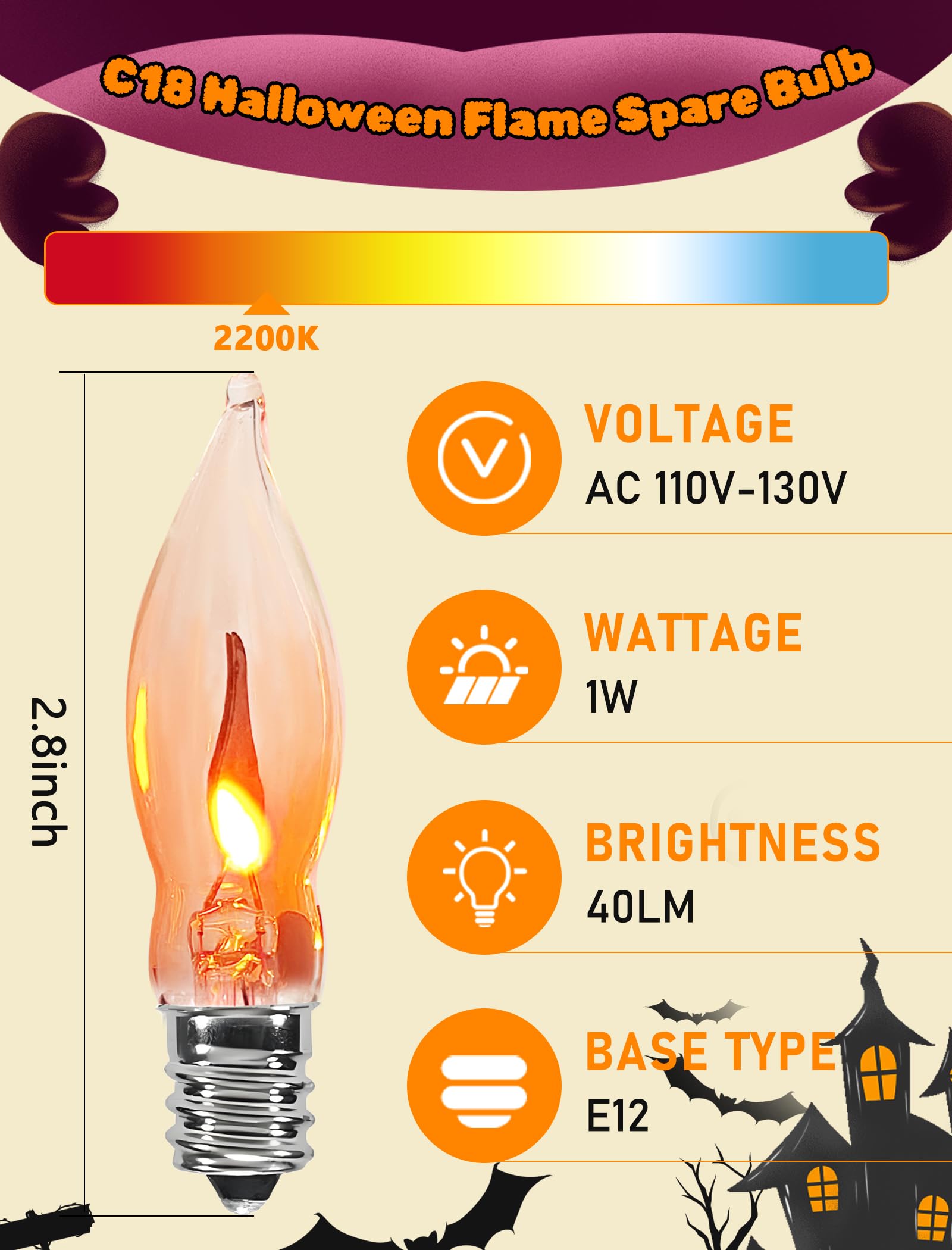 Abeja Flicker Flame Light Bulb - 12 Pack Realistic Orange Candelabra Bulbs, 1W, E12, C18 for Indoor/Outdoor Christmas Decor