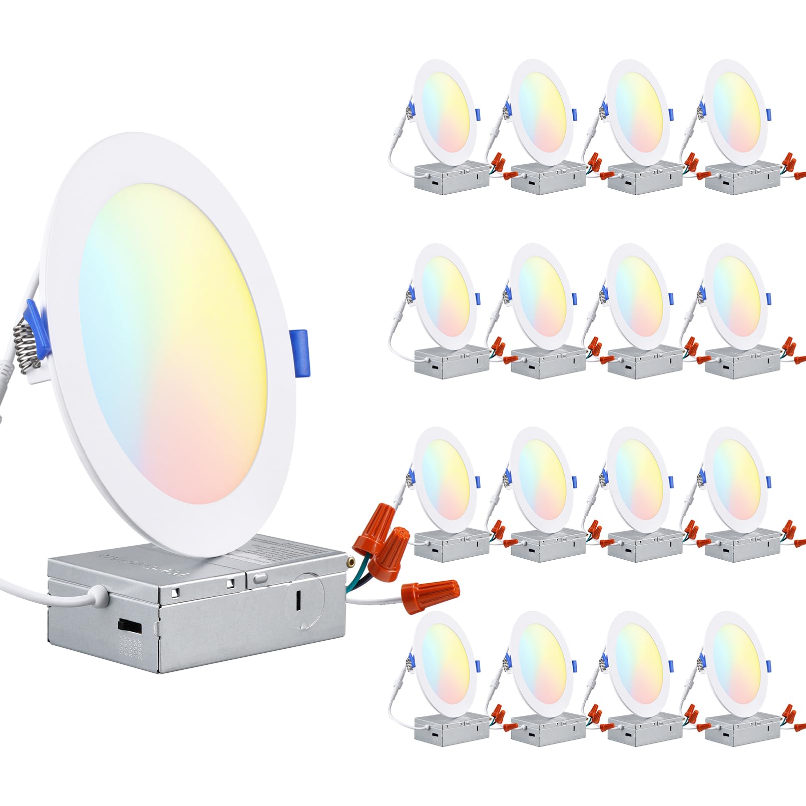 TORCHSTAR 16-Pack Ultra-Thin LED Recessed Lighting 6 Inch 5CCT with Junction Box, Aluminum, 2700K-5000K Selectable, 12W Dimmable