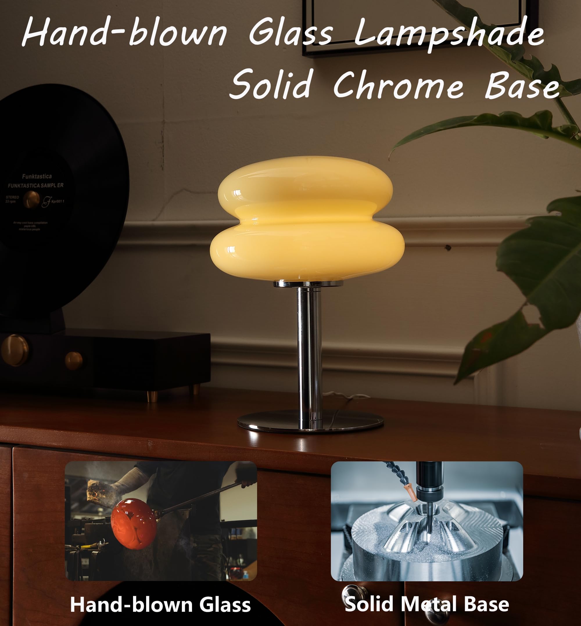 Glivpny Mushroom Lamp, Mid Century Modern Dimmable Table Lamp, Small Cream Glass, Model HB003