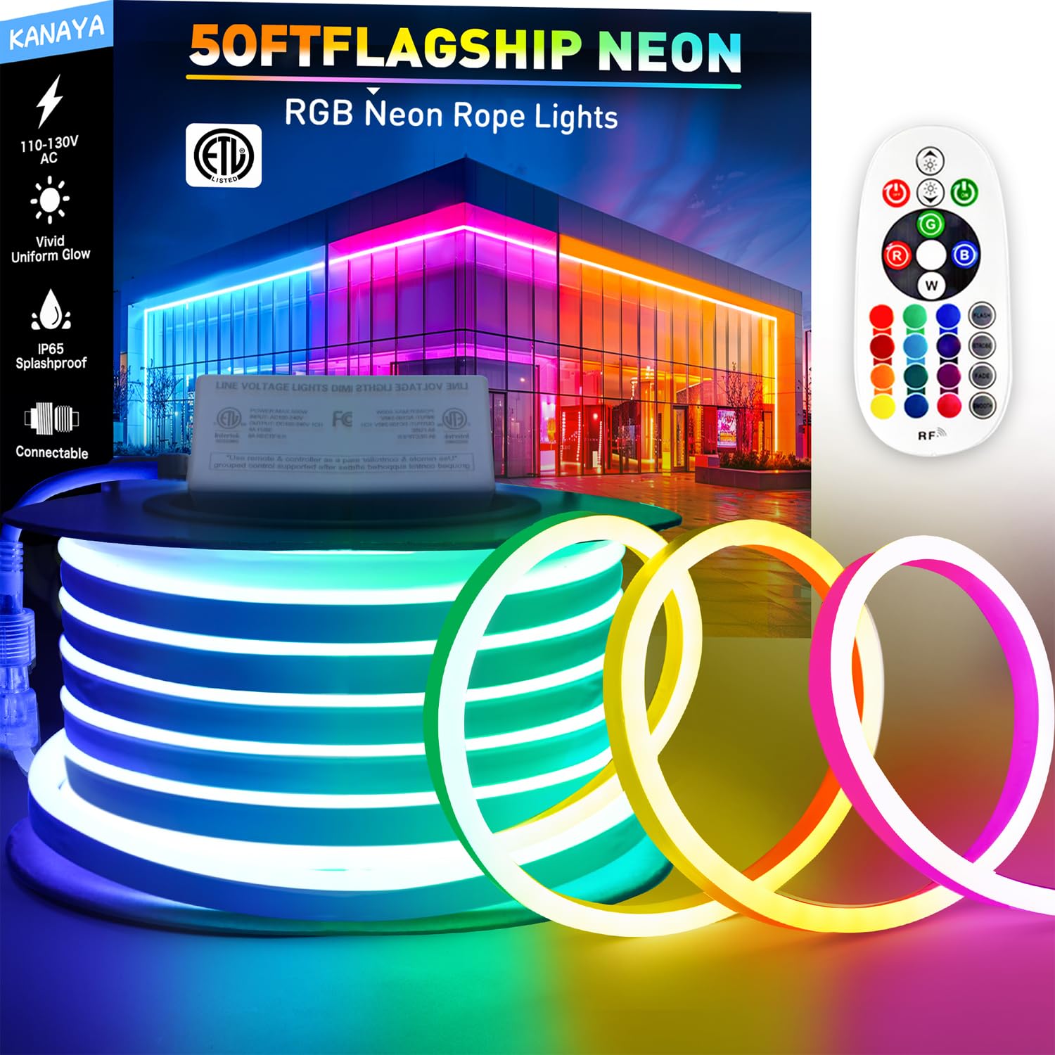 KANAYA RGB LED Neon Rope Lights, 50ft Waterproof, Remote Control, ETL Listed, Model LMD-CNEON-RGB-50FT
