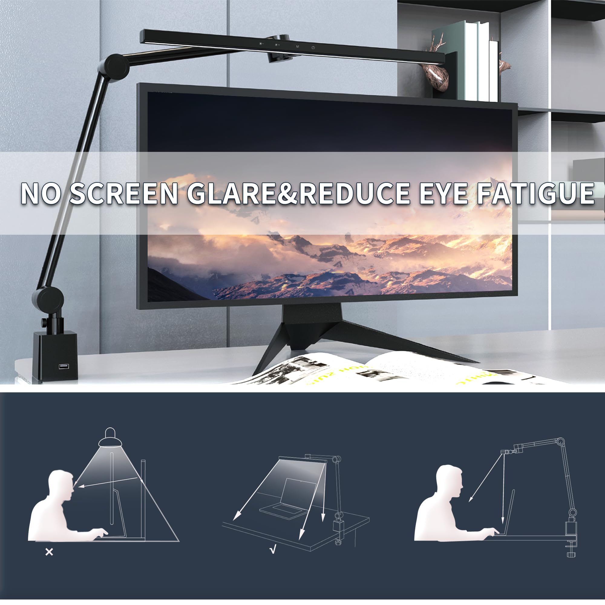 Melifo Led Desk Lamp With Clamp,Monitor Light Bar,Eye-Caring Desk Light,Ultra High Definition And Brightness Table Light,5 Modes 20 Brightness,No Screen Glare&Reduce Eye Fatigue For Reading,Study.