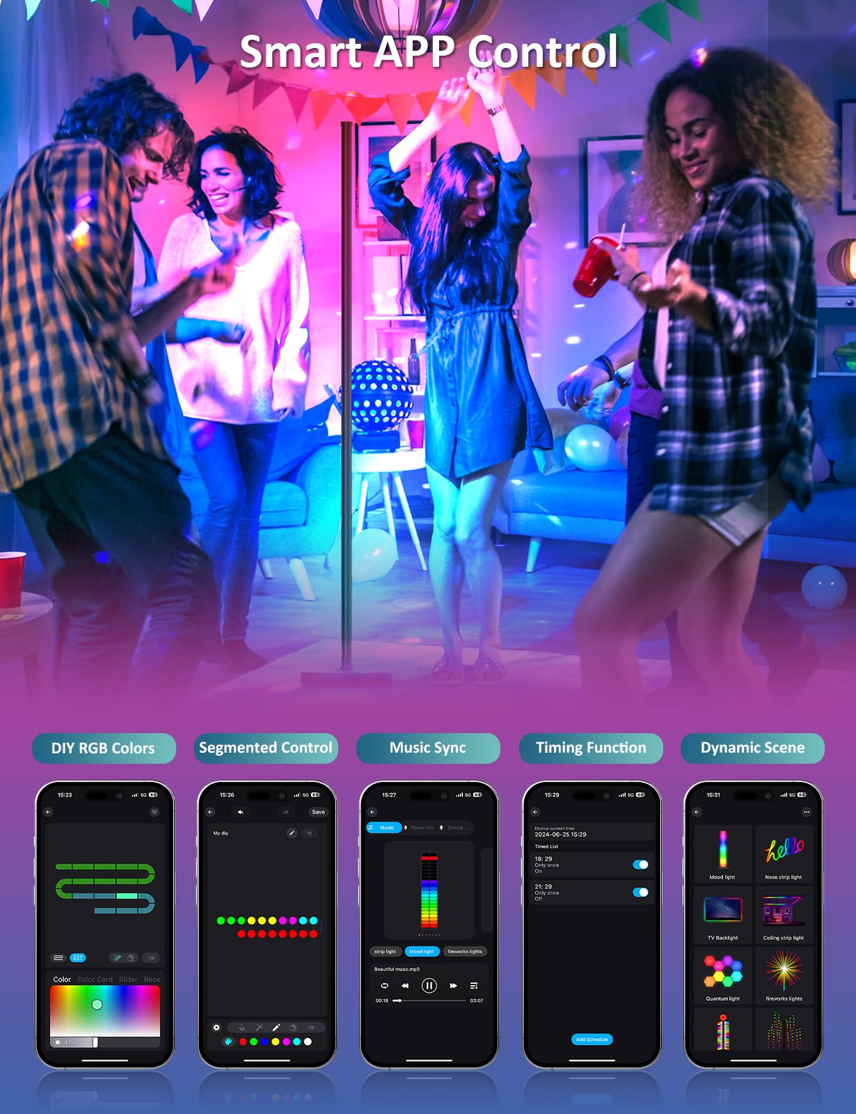 Rgb Ic Corner Floor Lamp, Led Corner Lamp With App And Remote Control, 16 Million Diy Color With Music Sync, Warm White Floor Li