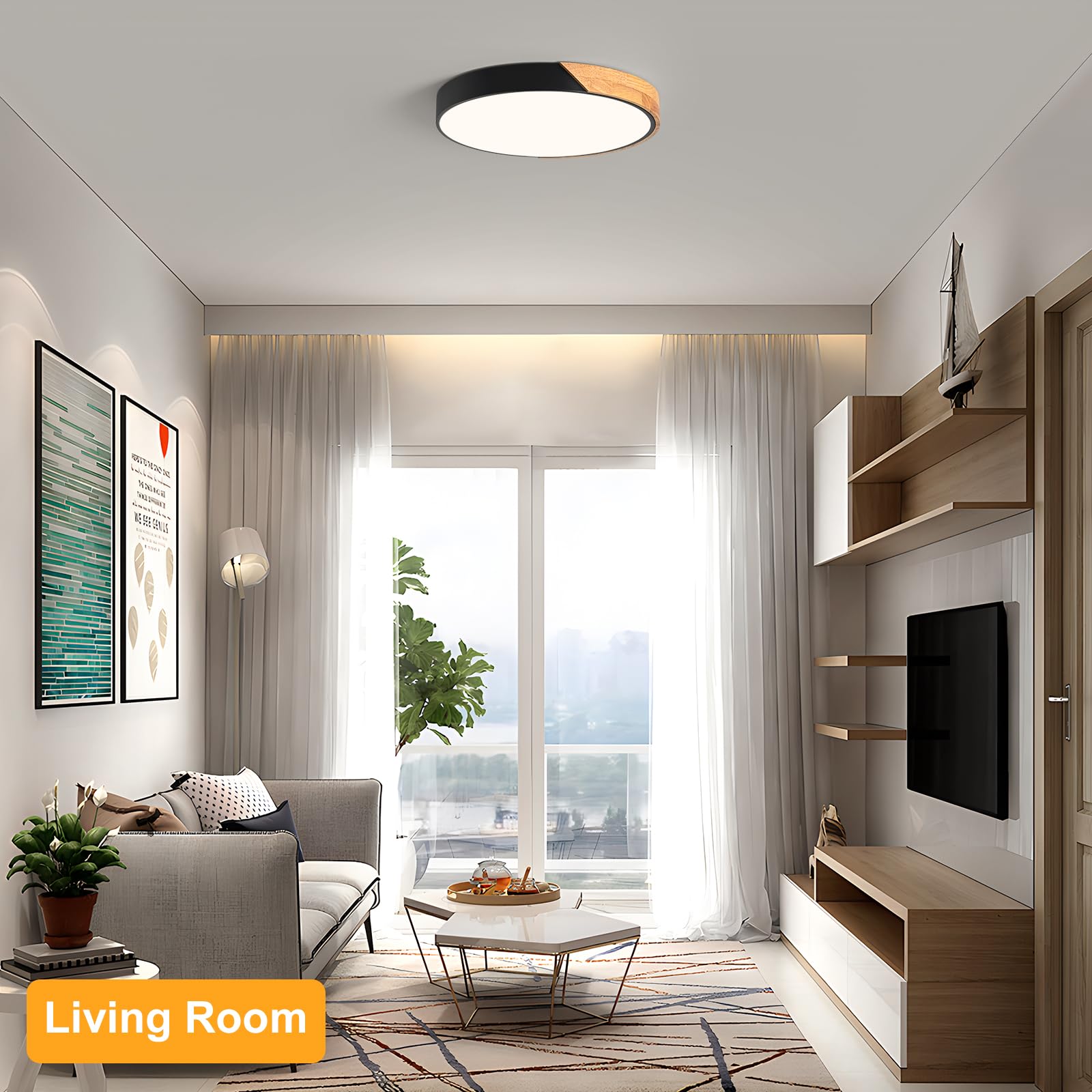 Vikaey Modern LED Ceiling Light Fixture, 15.8in Black Metal Circular Design, Not Dimmable, Acrylic Lampshade