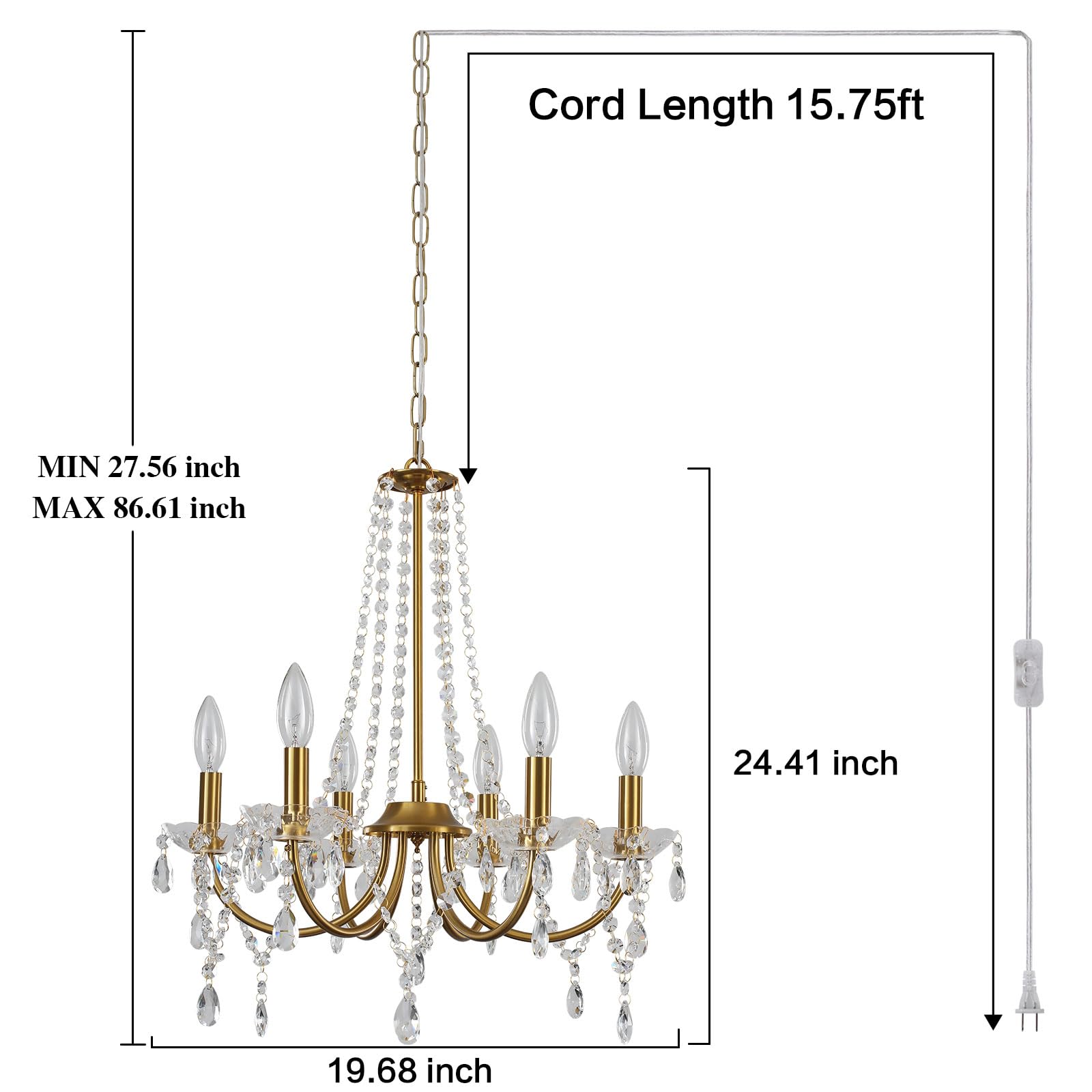 Meijia Plug In Crystal Gold Chandeliers Lighting Fixture 6 Light Modern Crystal Chandelier With 15.75Feets Plug In Cord Gold Mini Plug In Chandelier For Dining Room Bedroom Entryway Bathroom Closet
