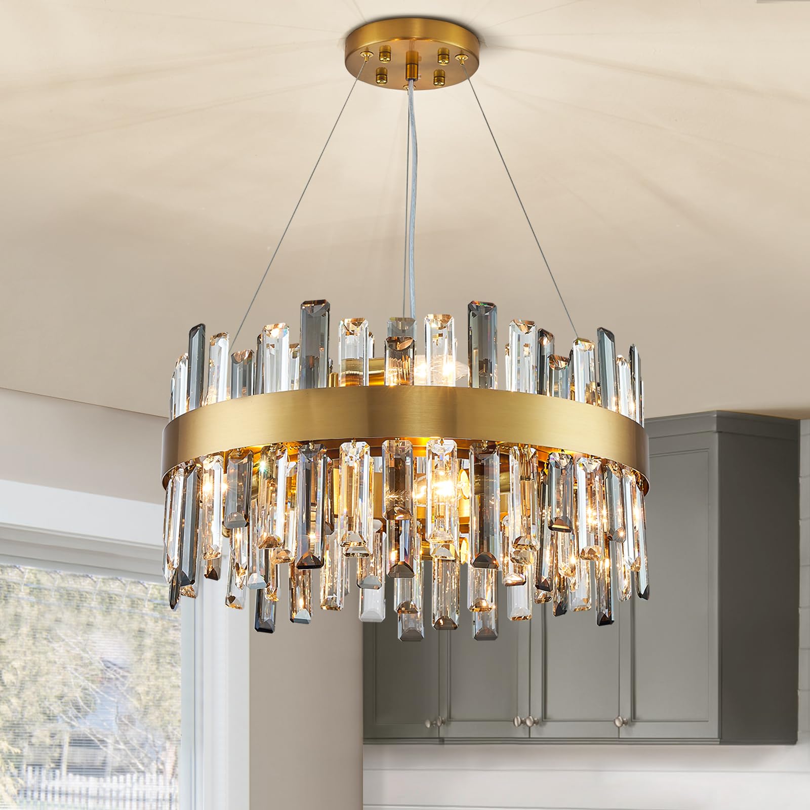 Siljoy Modern Crystal Chandelier, 12-Light Brass Gold, Round D19.7in , Clear & Grey Crystal, Model FSK0607