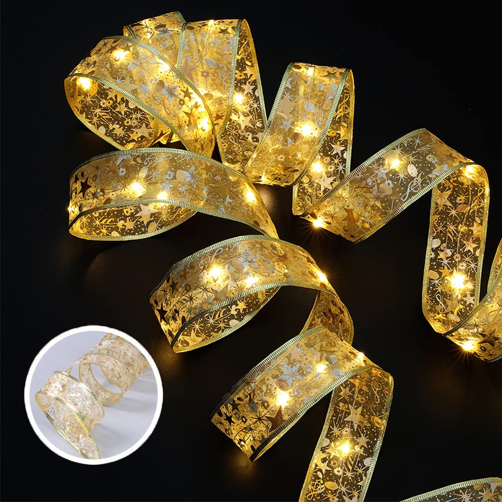 Gihoo Christmas Tree Decorations String Lights 32Ft 100 Led Lights Copper Wire Ribbon Bows Lights For Party Weddings Holiday Christmas Tree Decorations (Width 5Cm Gold Warm Light)