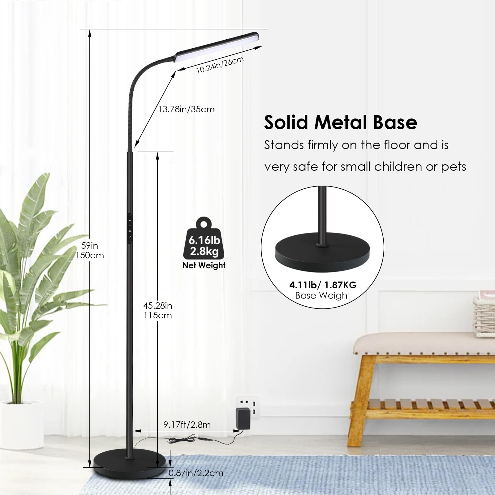 Dimunt LED Floor Lamp - 15W, Adjustable 3000K-6000K, Remote & Touch Control, Black, Model MF20054