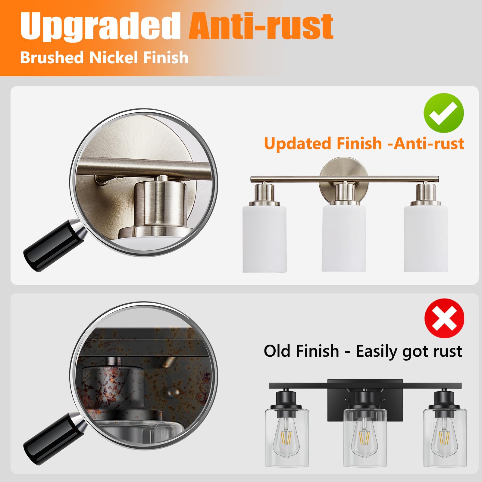 DINGLILIGHTING DLLT 3-Light Bathroom Light Fixtures, Nickel Vanity Lights, Milky White Glass Shade, Model DLLT-3L-MWBN