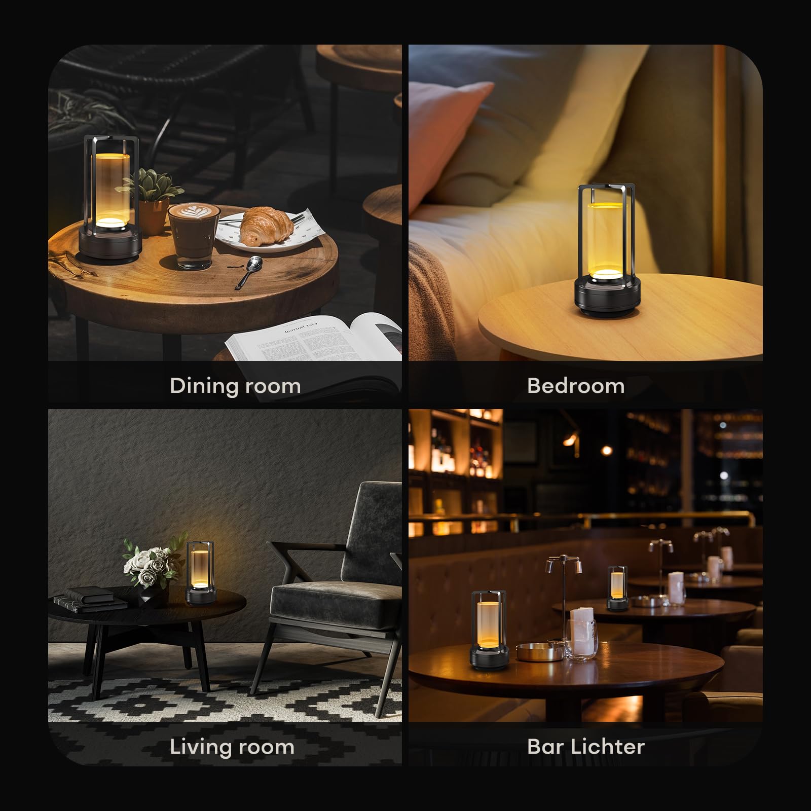HAPYGI Portable Metal Table Lamp, Rechargeable LED, 3-Colour Dimming, Battery Powered, Grey Set of 2