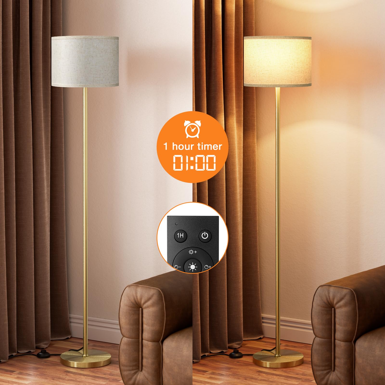 Ambimall 60in  Modern Floor Lamp with Remote, Metal, Beige & Gold, Model RPT-ZGB121