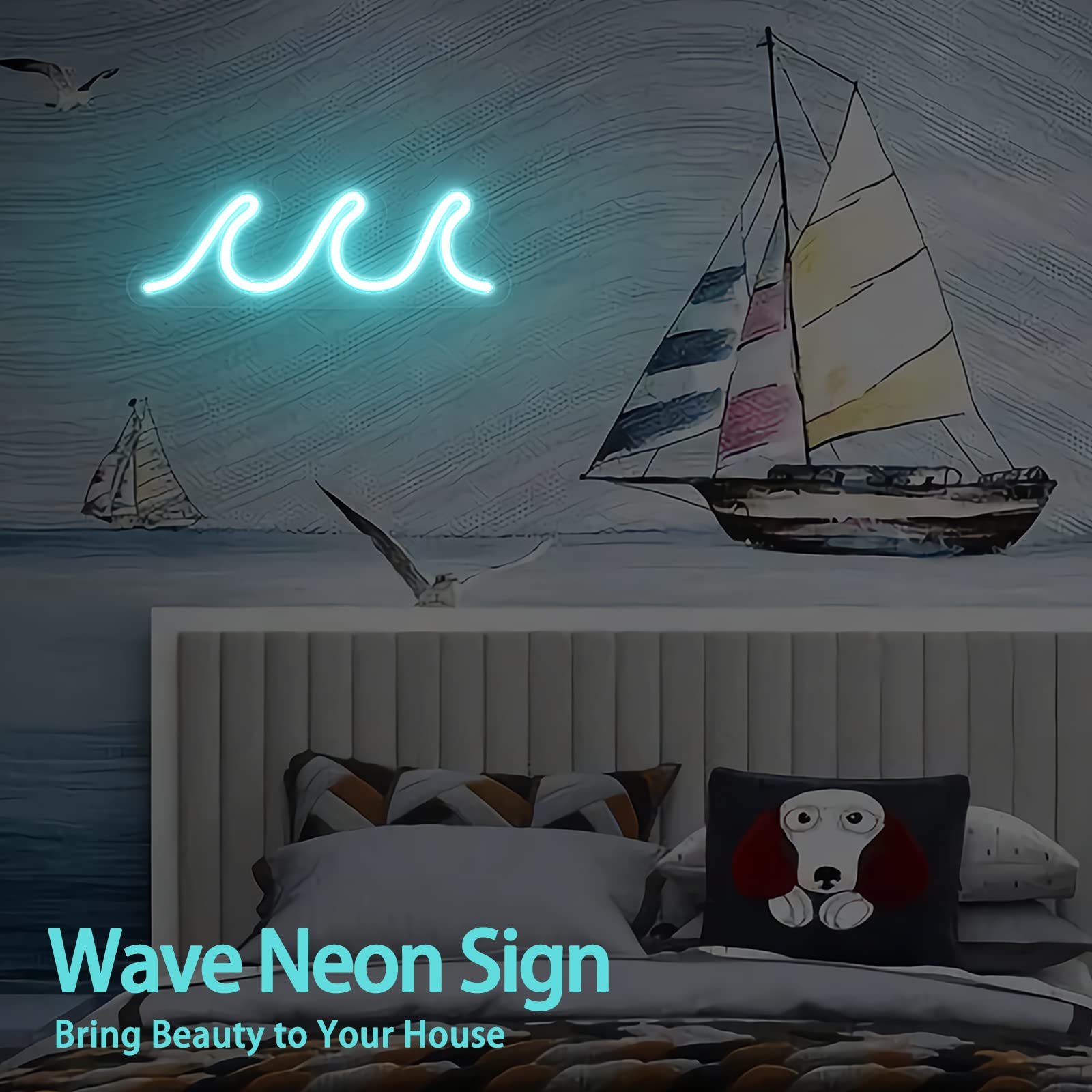 Imegina Wave Ice Blue Led Neon Sign - Usb Powered Wall Decor With Dimmer, 13.7X5 Inch