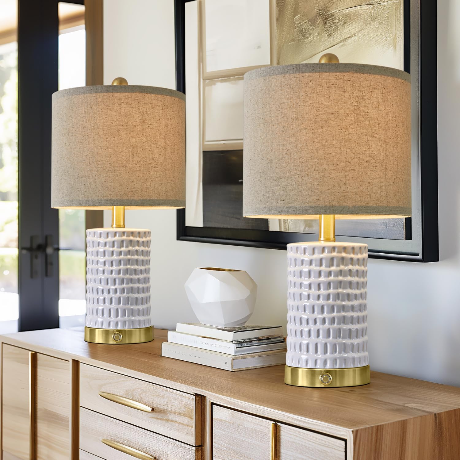 Portres 19'' Farmhouse 3-Way Dimmable Touch Ceramic Table Lamp Set Of 2 White Bedside Lamps For Bedroom Lamps For Living Room Ni