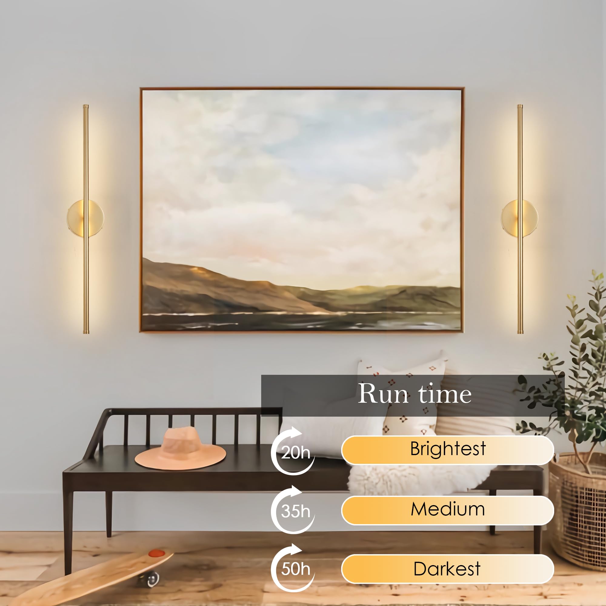 Kartoosh Battery Operated Wall Sconces  Dimmable Wall Sconces Set Of Two  350Rotate  3000K Led Gold Wireless Wall Light For Living Room  Bedroom  Hallway  32.2 Inch (2 Pack)