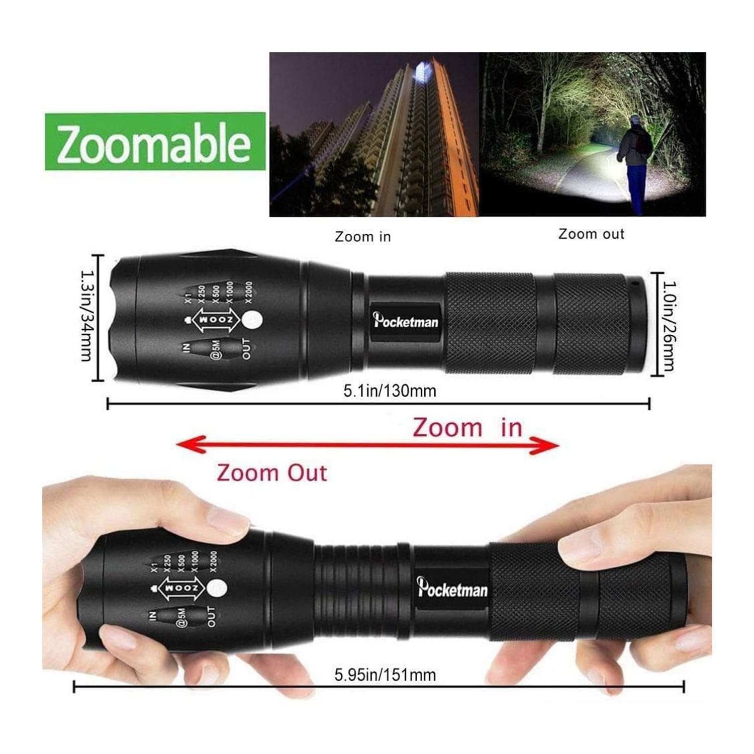 Pocketman LED Tactical Flashlight, 2000 Lumen, Water Resistant, 5 Light Modes, Aluminum, 10 Pack