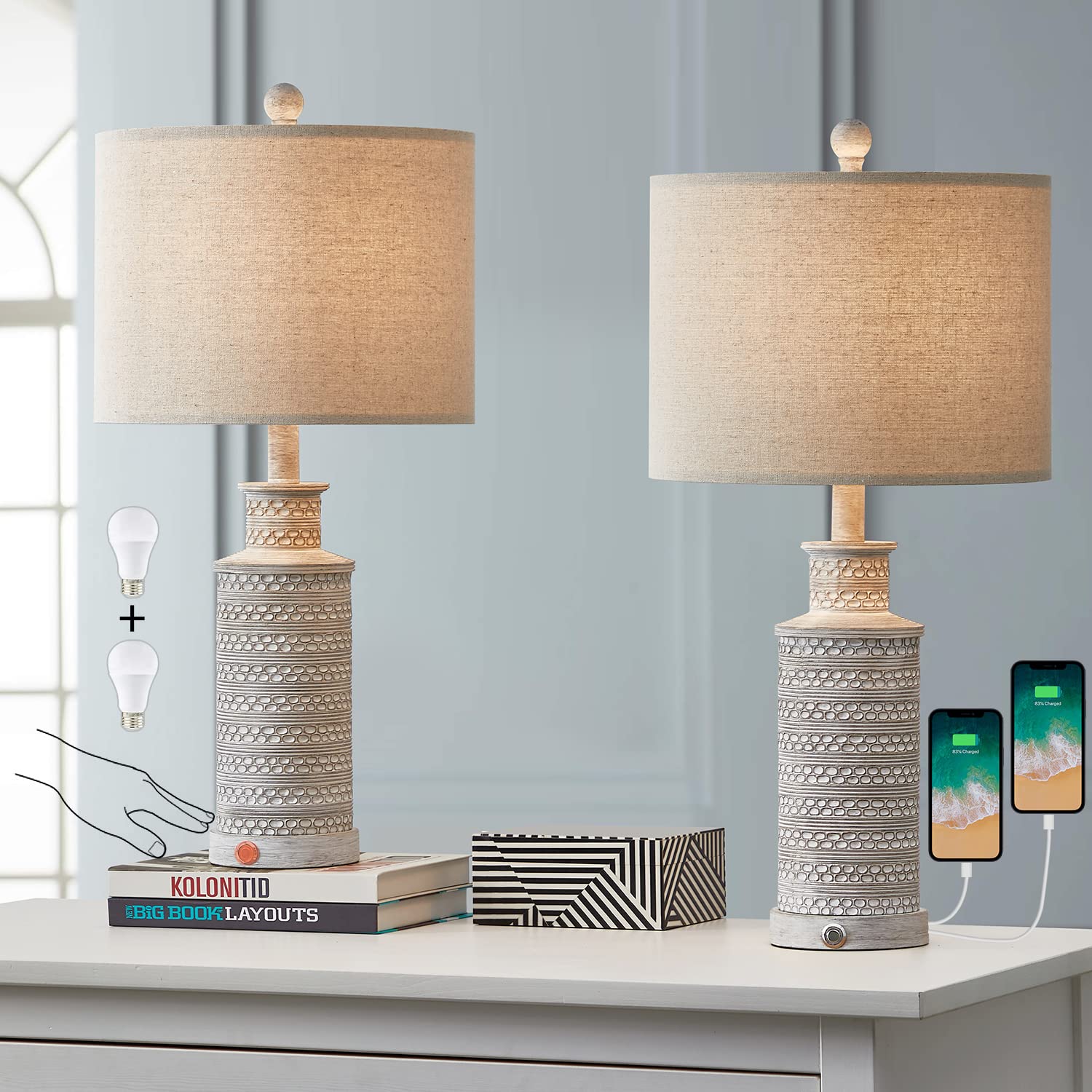 BOBOMOMO 3-Way Dimmable Touch Control Table Lamp Set of 2 with USB Ports, Vintage Resin Nightstand Lamps, Model AMZ-T1059FC-TU, Color