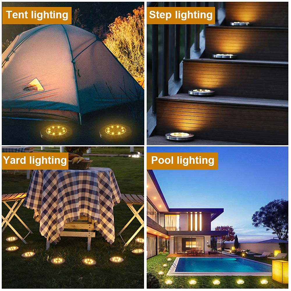 Aogist Solar Ground Lights, 8 LED Garden Disk Lights, Stainless Steel, Warm White, 8 Pack, Model 43397-23877