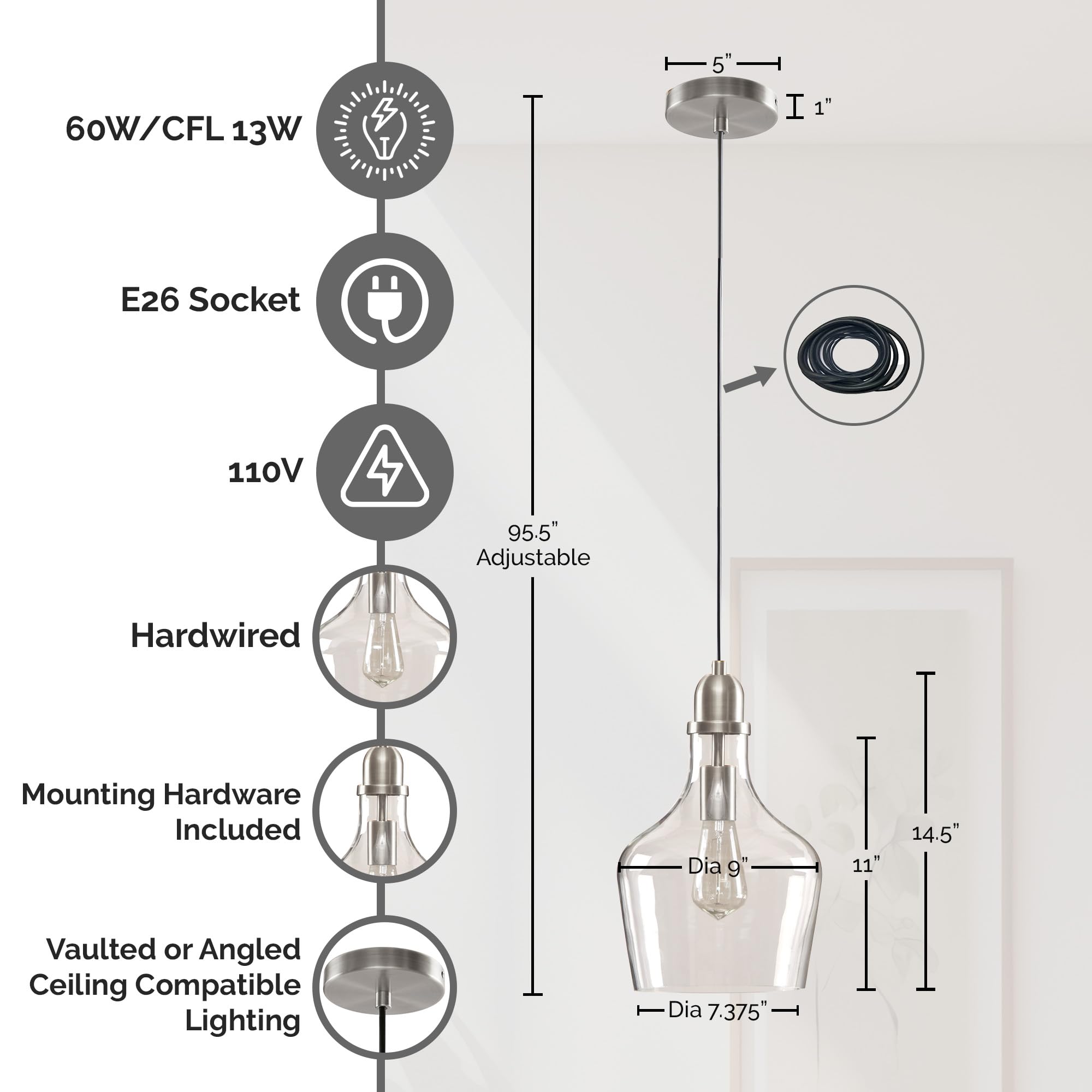 Hampton Hill Auburn Pendant Kitchen Lighting For Dining Room, Industrial Kitchen Lights, Hand-Blown Glass Bell Shaped Pendant Light For Kitchen Island, Foyer, Bedroom, 9&quot; Dia X 95.5&quot; H, Silver/Clear