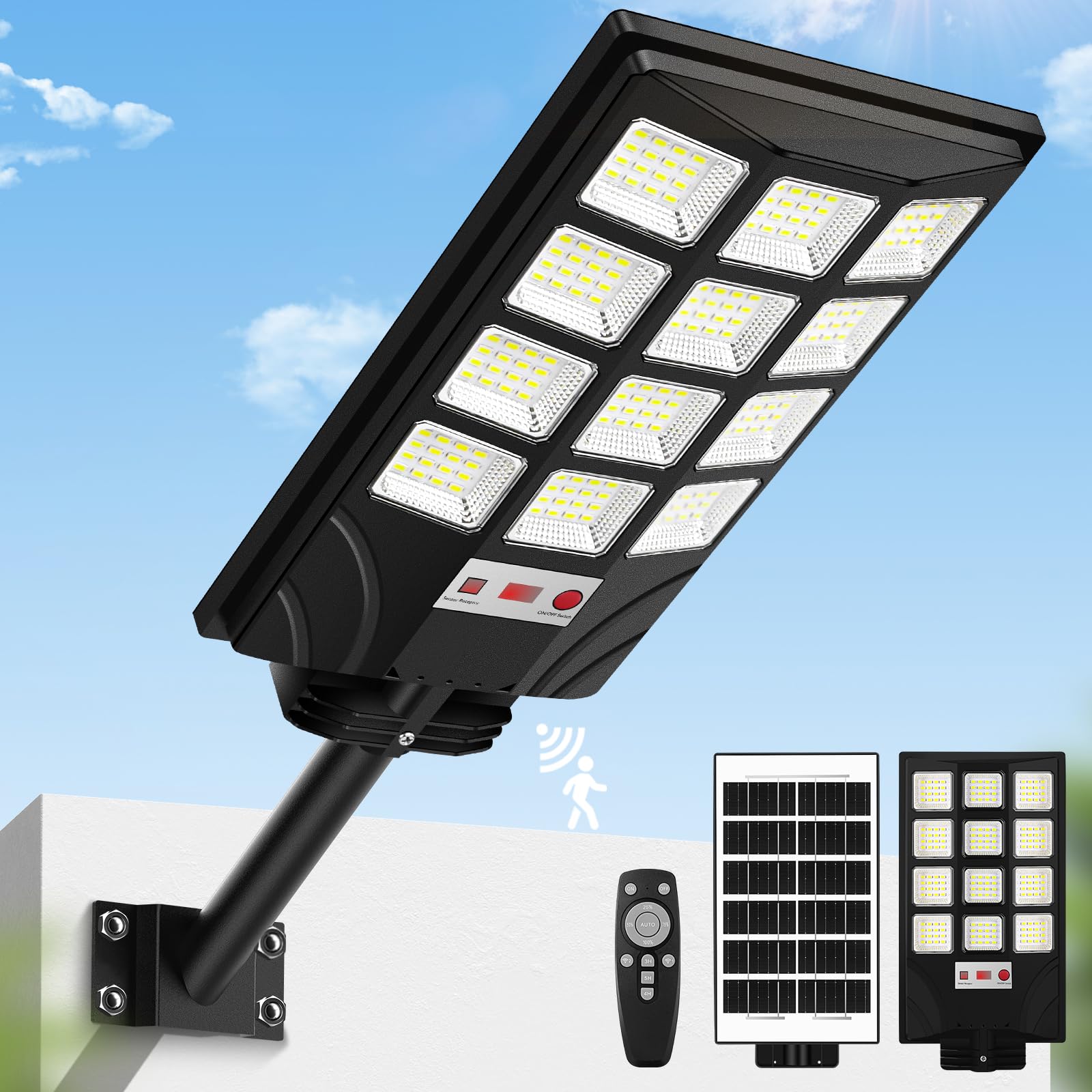 Solar Street Lights Outdoor, Waterproof Motion Sensor Solar Powered Lights with Remote Control, 20000LM 6500K Dusk to Dawn Parki
