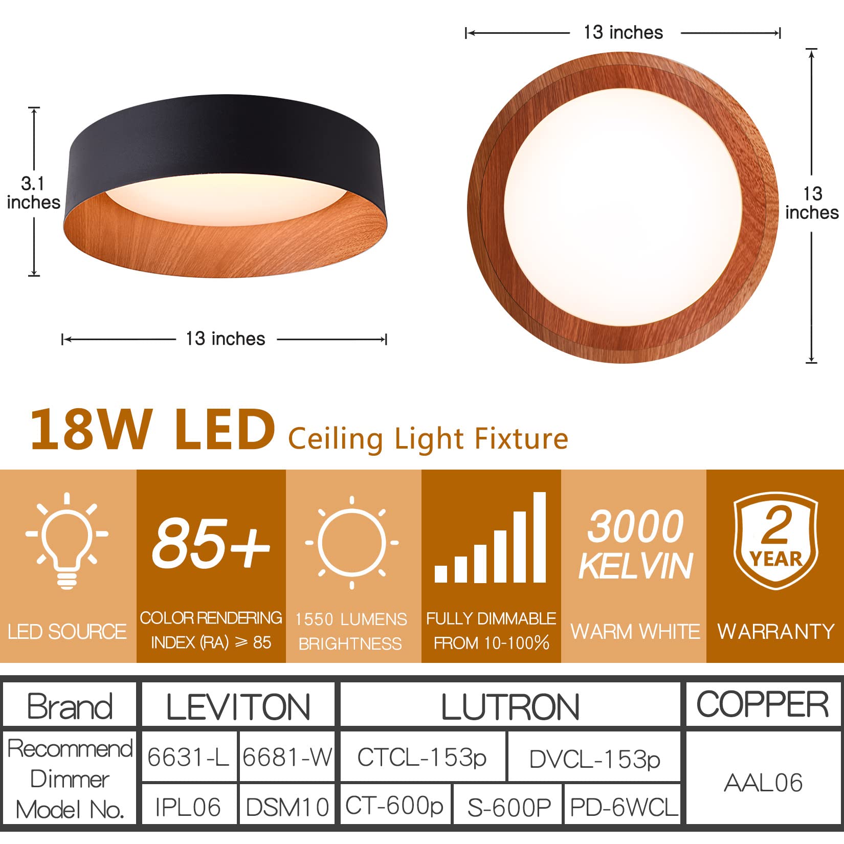 Bargeni Flush Mount Ceiling Light,13 Inch Ceiling Light Fixtures,Matte Black With Wood Accent,3000K/Warm White/18W(100W Equiv.),